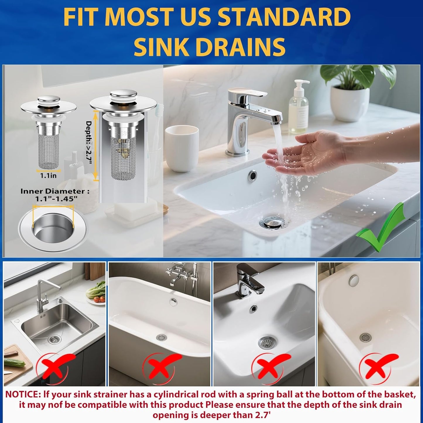 Bathroom Sink Drain Strainer, Pop-Up Bathroom Sink Stopper with Removable Stainless Steel Hair Catcher Basket, Universal Fit for US Bathroom Sinks, Bathtubs, Showers & Floor Drains (Silver*1)