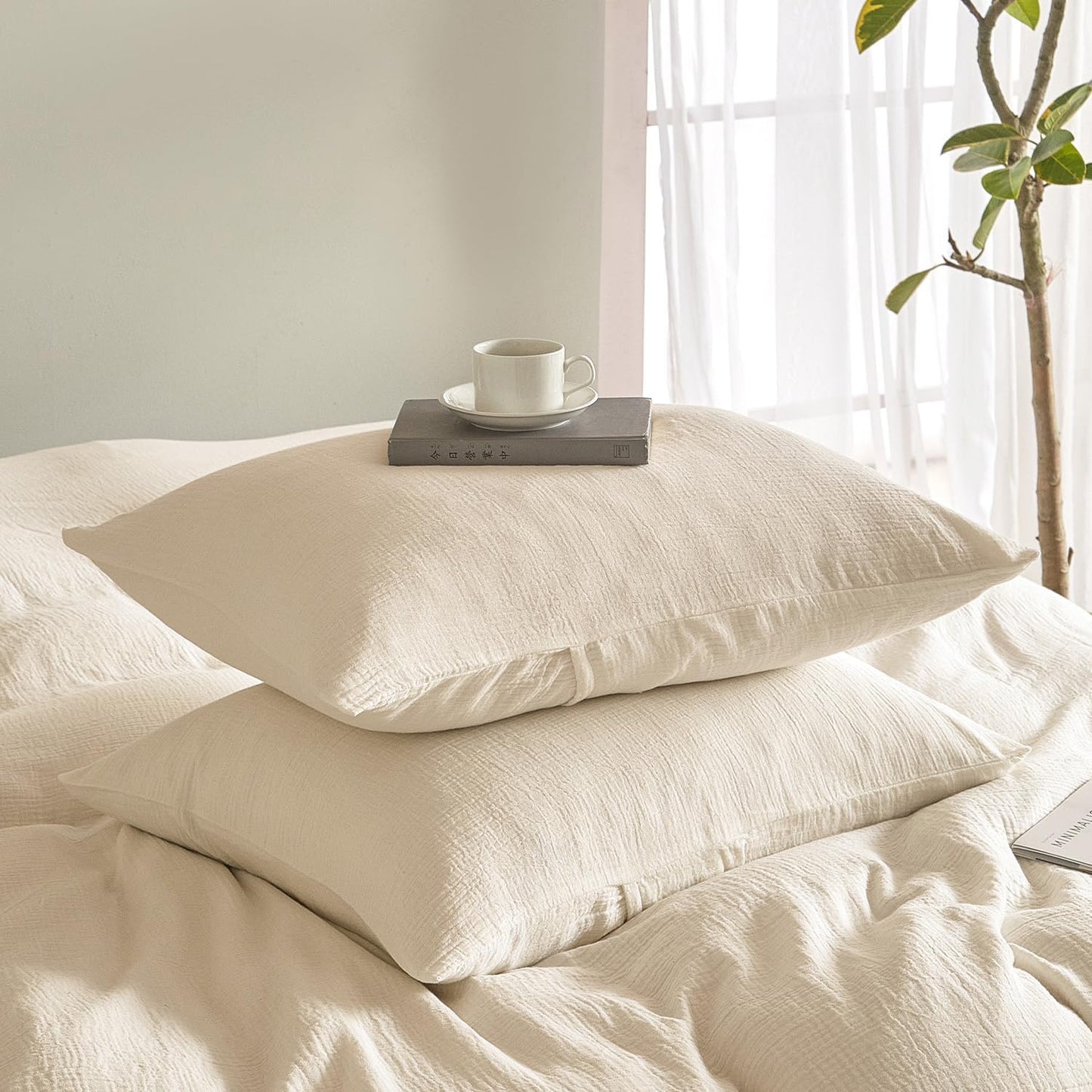 SE SOFTEXLY Muslin Pillowcases Standard Size 100% Cotton, 2 Pack Linen Like Pillow Shams with Envelope Closure, Ultral Soft and Breathable Pillow Case Covers, Off-White, 20" X 26", No Filling