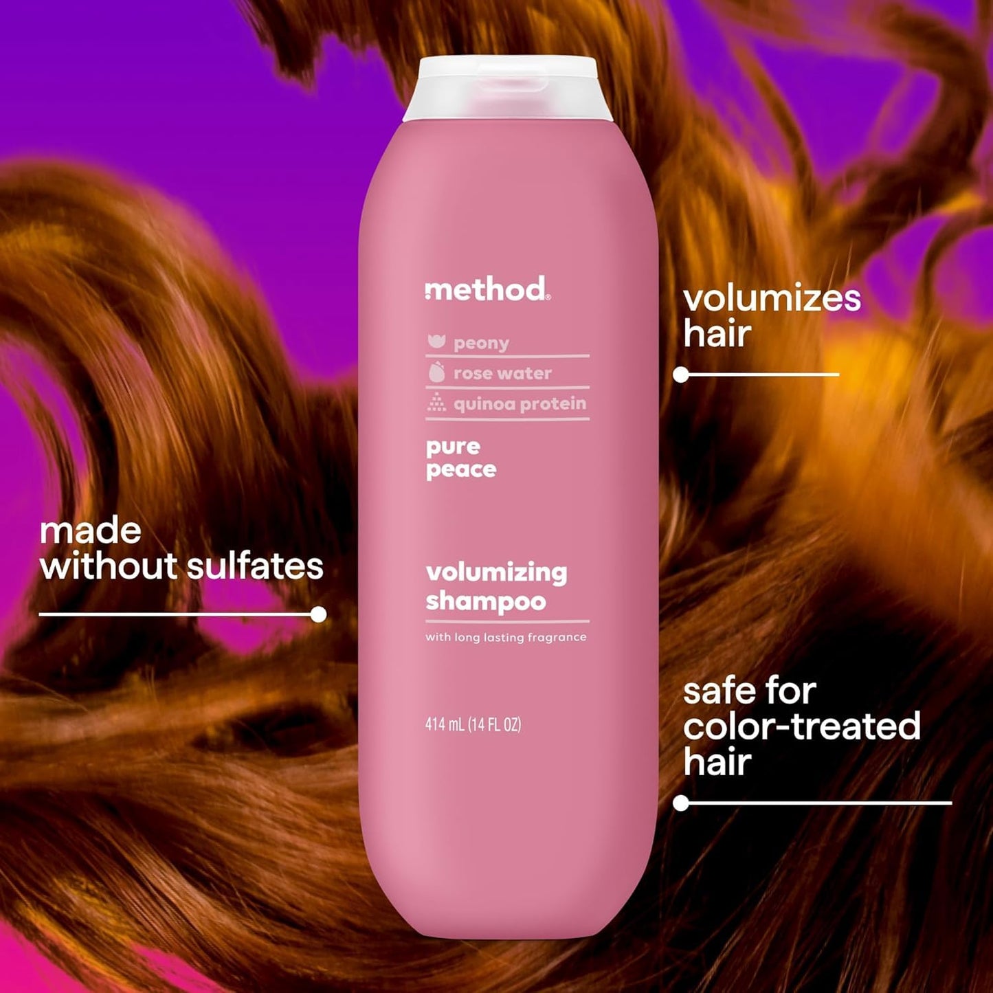 Method Volumizing Shampoo, Pure Peace with Rose, Peony, and Pink Sea Salt Scent Notes, Paraben and Sulfate Free, 14 oz (Pack of 1)
