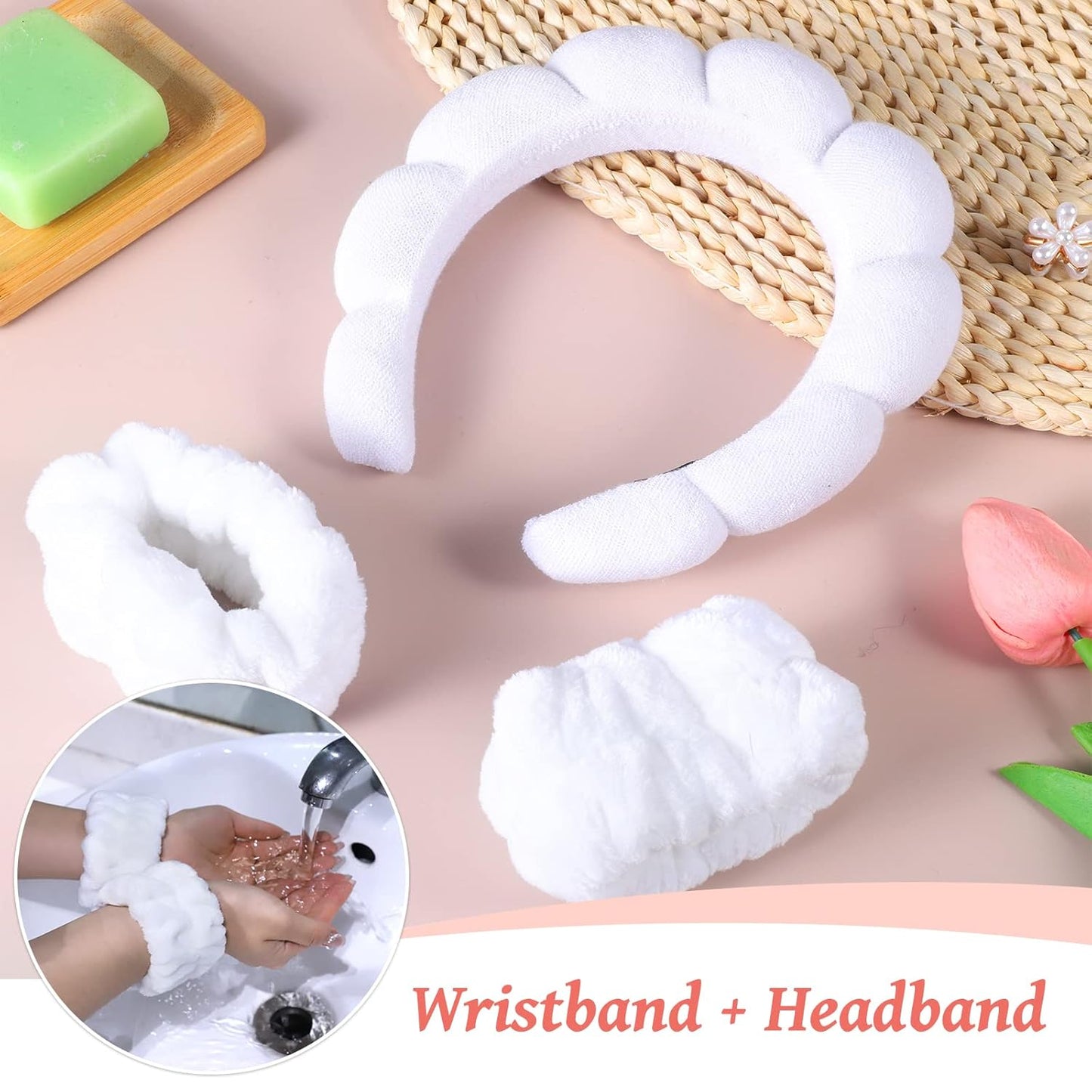 WSICSE Spa Headband for Washing Face, Sponge Skincare Headband and Wrist Washband Set Stocking Stuffers for Girls Women