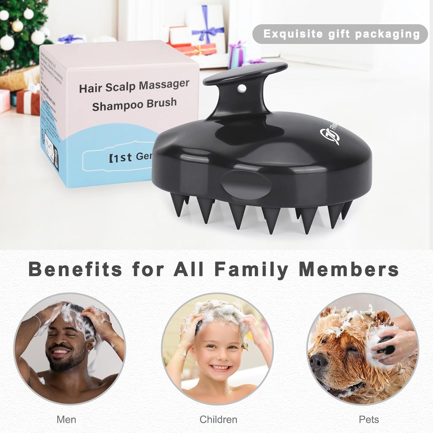 FREATECH Scalp Massager Hair Growth, Scalp Scrubber Shampoo Brush with Soft Silicone Bristles for Dandruff Removal and Hair Care, Wet & Dry Hair Massager Scalp Exfoliator for All Hair Types, Black