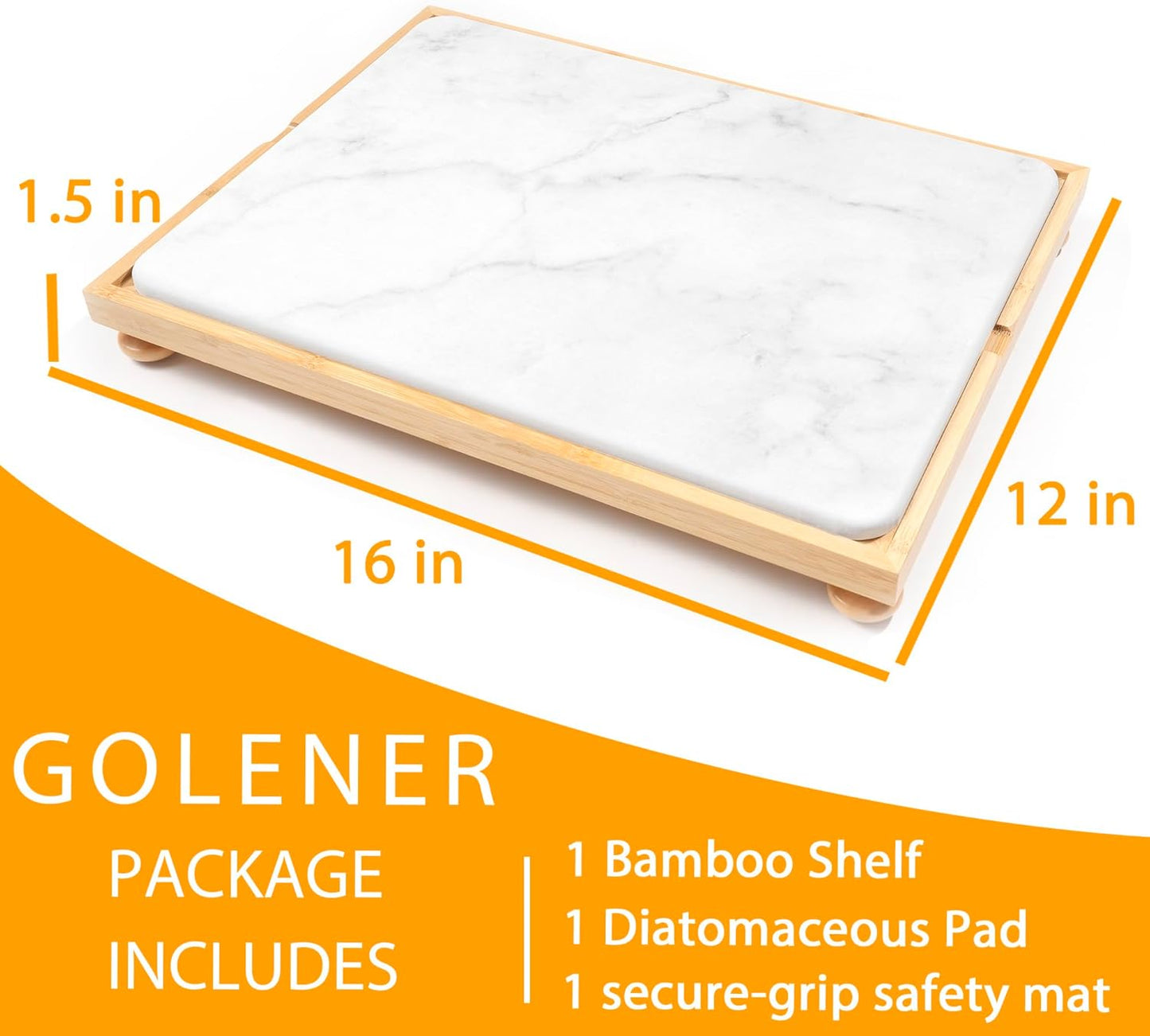 Golener Stone Drying Mat for Kitchen Counter, Dish Drying Pad with Bamboo Rack, Super Absorbent Diatomaceous Earth and Drying Rack, Multi-purpose Quick Drying Mat Rack for Kitchen,16โx12โ,Marble White