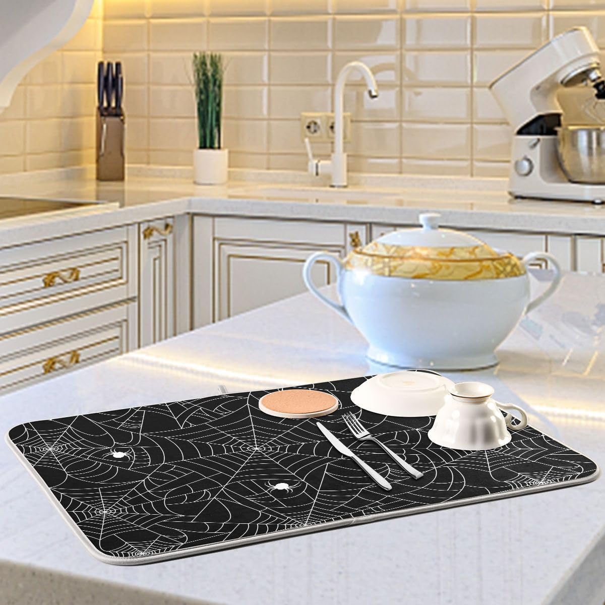 Halloween Spooky Spider Web Dish Drying Mat for Kitchen Happy Halloween Creepy Decoration Microfiber Drying Mats Absorbent Reversible Dish Pad Medium Dish Draining Mat 16x18 inch