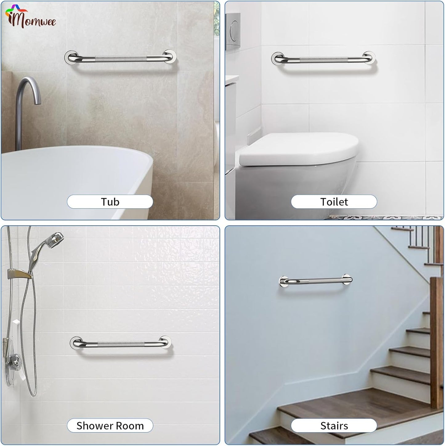 Anti-Slip Chrome Grab Bar 16 Inch, iMomwee 2 Pack Stainless Steel Bathroom Grab Bar w/Knurled Grip, Safety Shower Grab Bar for Wall, Toilet Balanced Support Bar Bathtub Assist Handle for Elderly