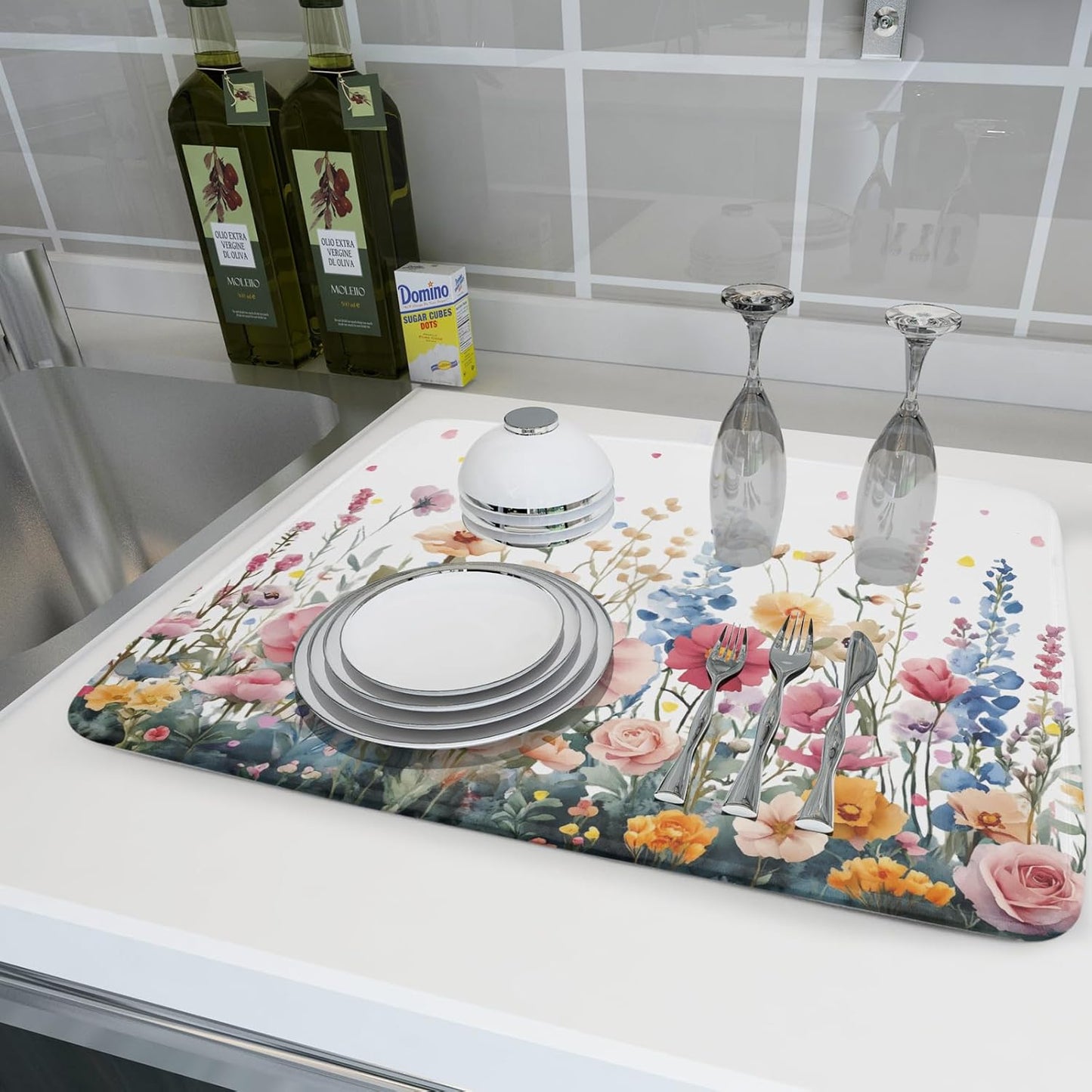 Colorful Flower Dish Drying Mat 18x24 Inch Botanical Floral Drainer Rack Mats Washable Absorbent Dish Dry Pad for Kitchen Counter Sink