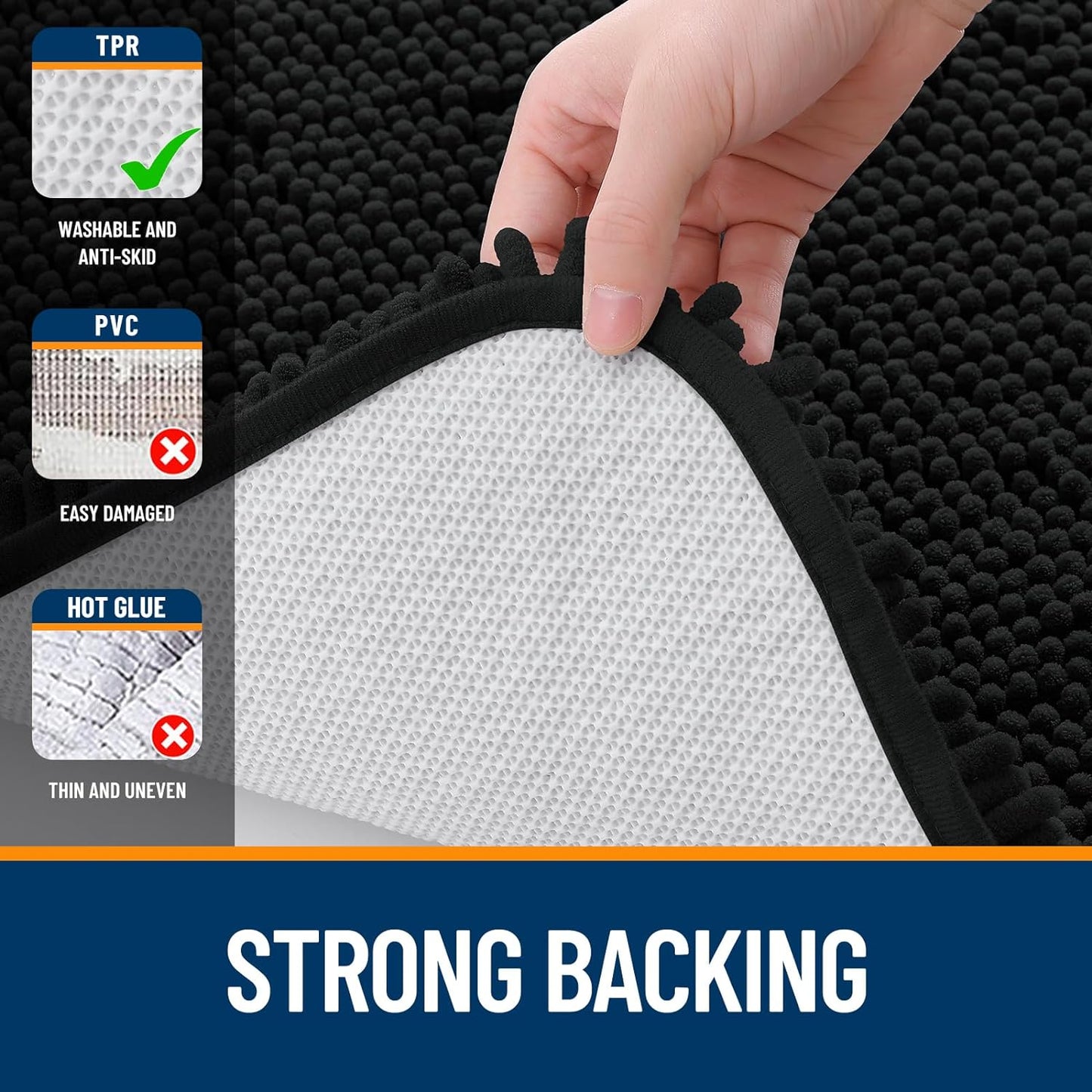 OLANLY Bathroom Rugs 47x17, Extra Soft Absorbent Chenille Bath Rugs, Rubber Backing Quick Dry, Machine Washable Bath Mats for Bathroom Floor, Tub and Shower, Home Decor Accessories, Black