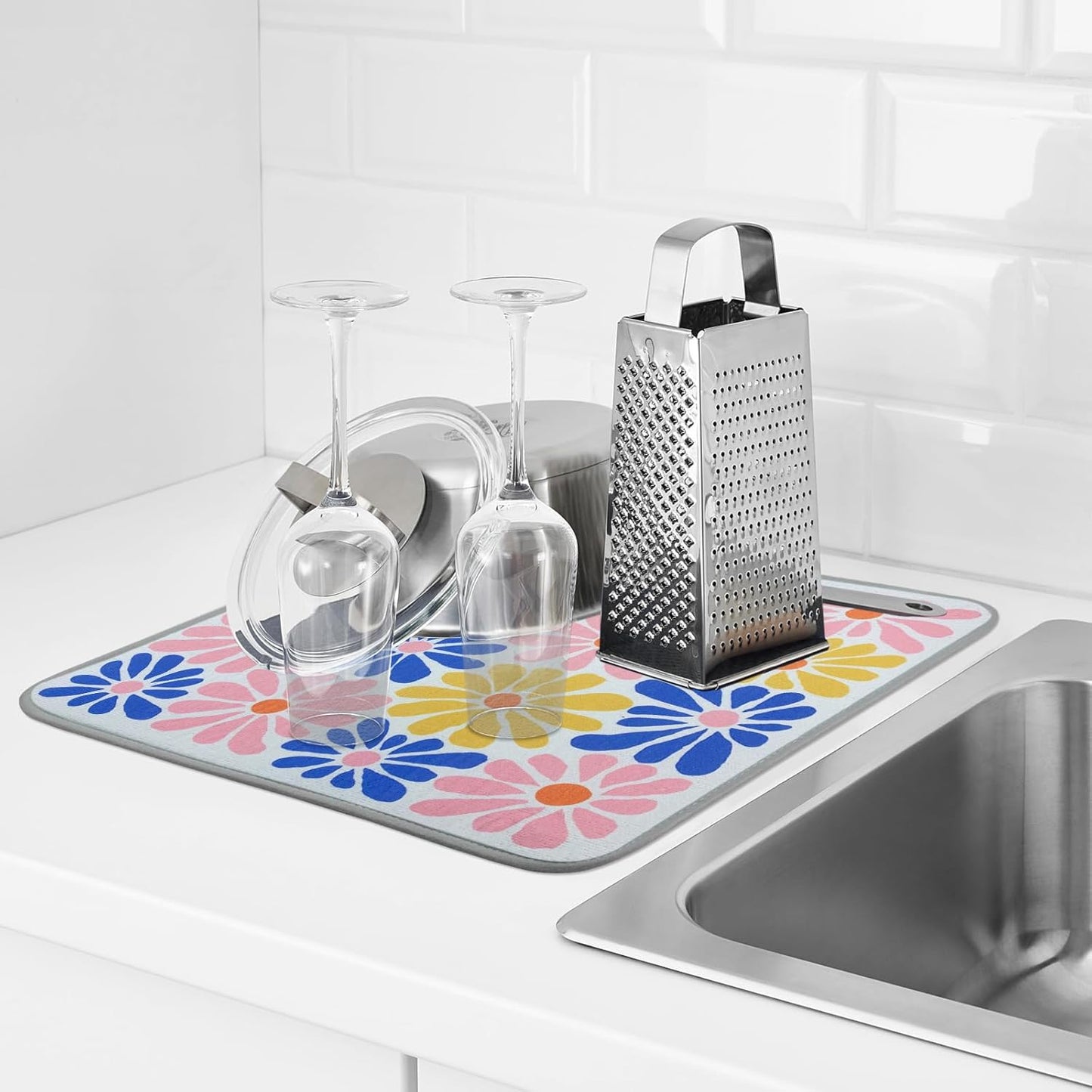 SHIYUE Dish Drying Mat for Kitchen Counter Super Absorbent Spring Kitchen Decor Microfiber Drying Matainers Rack Fast Pad Dish Drainer Mats(Color Flower,16''x18'')