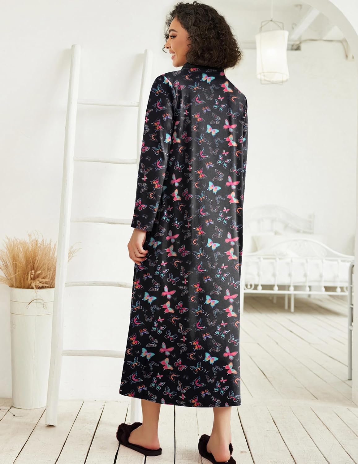 Ekouaer Women Zipper Robe Long Sleeve Loungewear Lightweight Housecoat Full Length Nightgown with Pockets