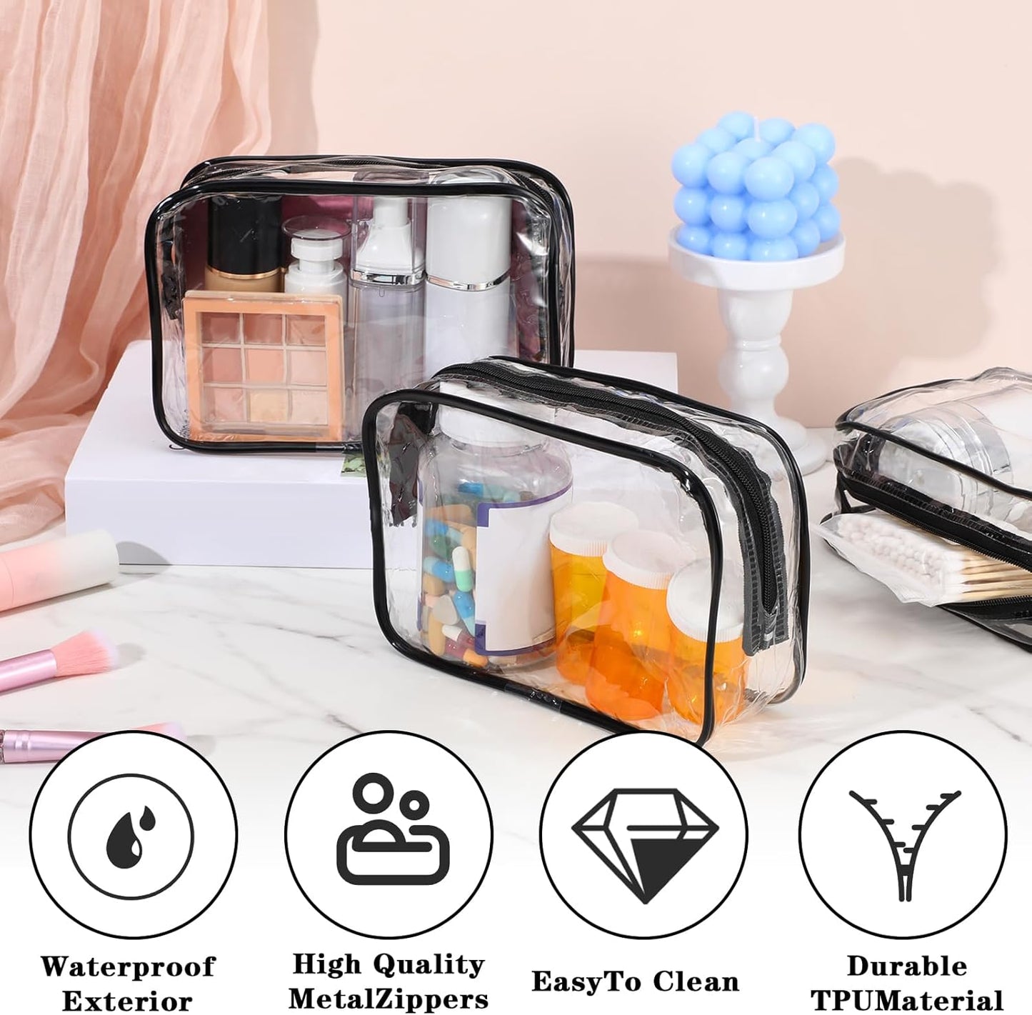 20 Packs Clear Cosmetic Bags Waterproof Zipper Bags – Medium Transparent PVC Travel Makeup & Toiletry Organizer Pouches (7.09 x 2.36 x 4.72 Inches)