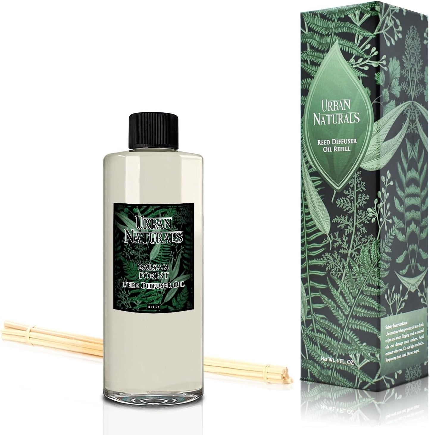 Urban Naturals Reed Diffuser Oil Refill Balsam Forest with Balsam Fir, Pine Needles, Evergreen, Cedar, Sandalwood 8 oz + Free Reed Sticks, Made in The USA