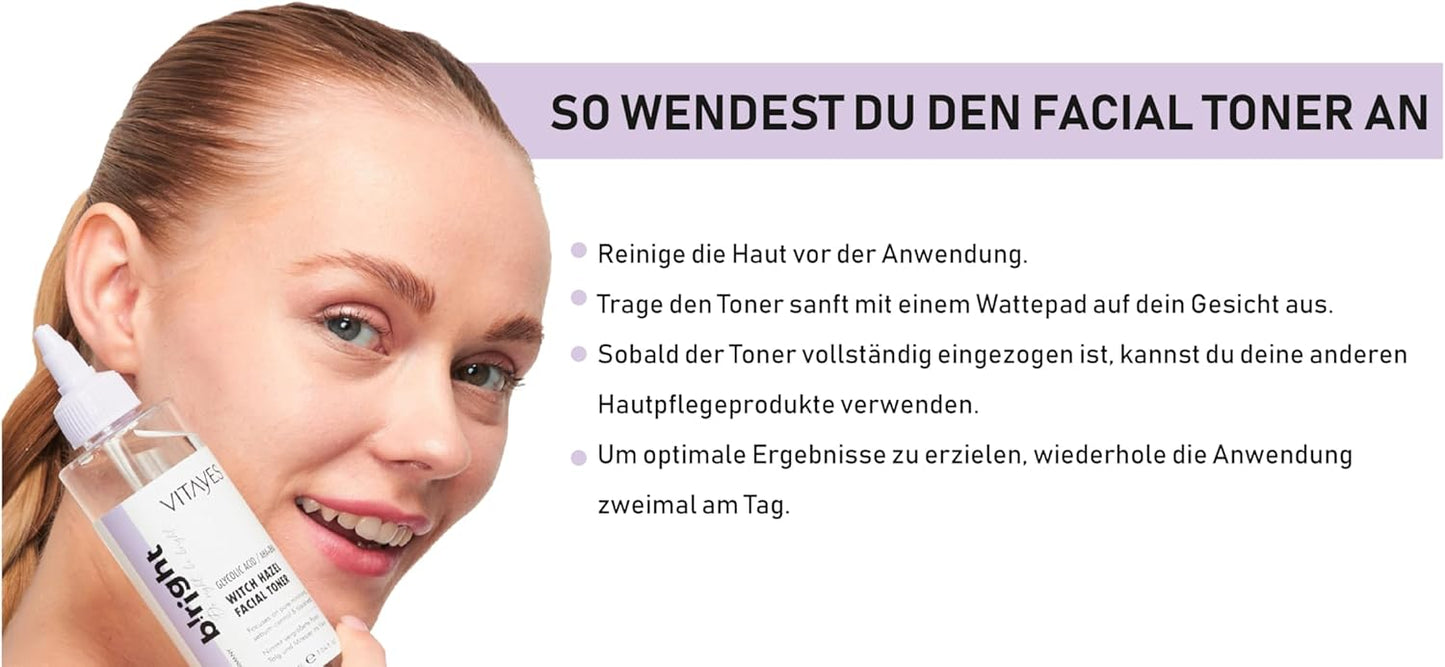 VITAYES b!Right Witch Hazel Toner for Face AHA, BHA & Glycolic Acid - Pore Reducing & Deep Cleansing - Premium Skin Care Essence for Radiant Beauty 6.76 Fl Oz (Pack of 1)