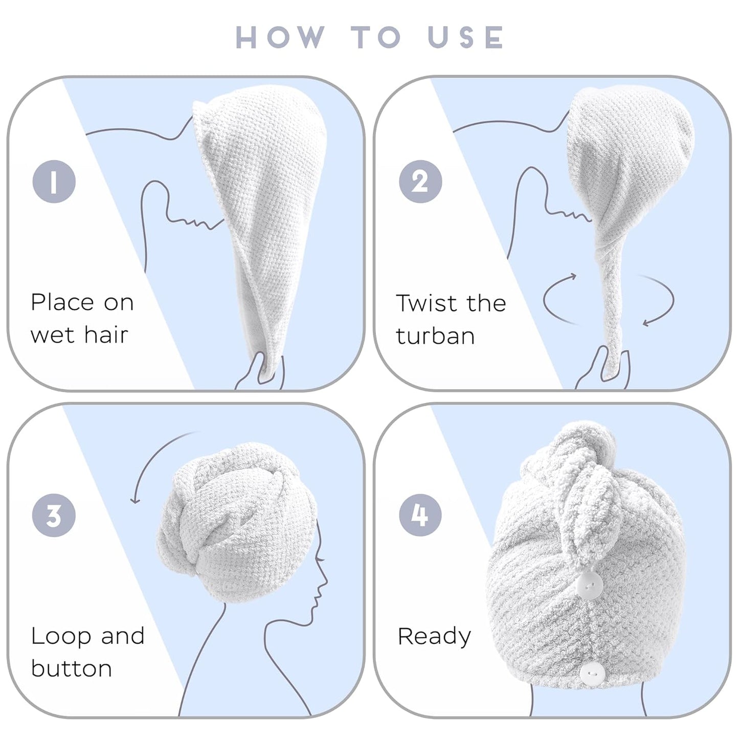 2 Pack Microfiber Hair Towel Wrap for Women, Anti Frizz Quick Drying Hair Turban for All Hair Style, Absorbent and Lightweight (Bright White)