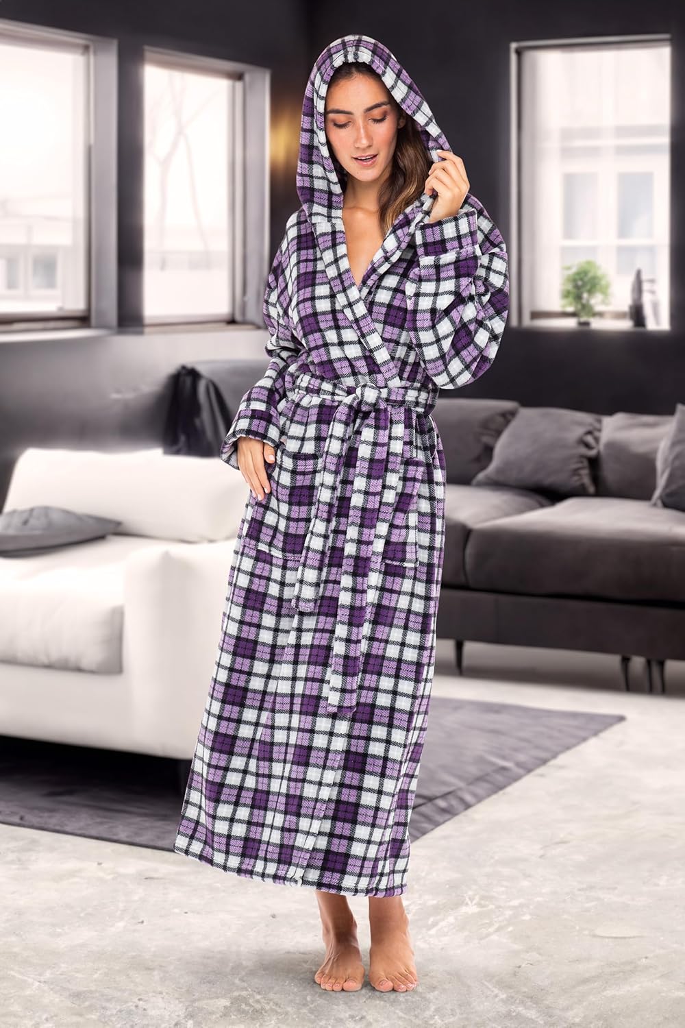 Alexander Del Rossa Womens Robe, Long Plush Bathrobe with Hood, Hooded Robes for Women Plus Size Bath Robe