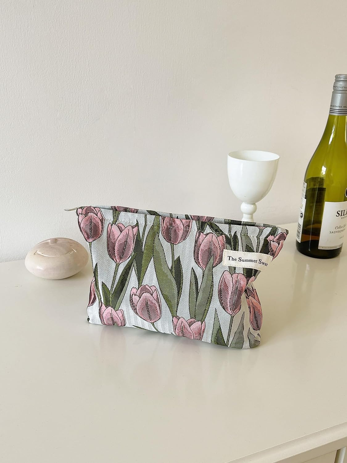 The Summer Swan | Large Aesthetic Makeup Bag Floral Mid-day Clutch Period Kit Hygiene Skincare Cute (Burgundy Tulip)