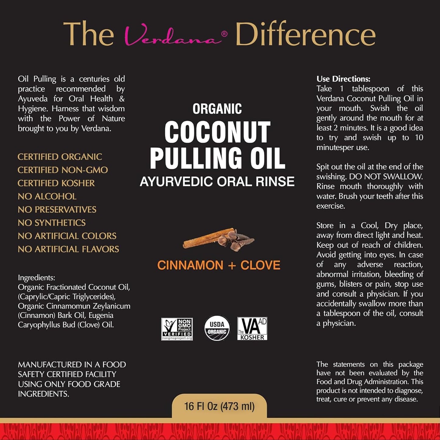 Verdana Organic Oil Pulling Mouthwash – 16 oz Cinnamon & Clove – USDA Organic Coconut Oil Rinse for Teeth & Gums – Alcohol-Free, Fluoride-Free Natural Mouthwash for Fresh Breath & Gum Health