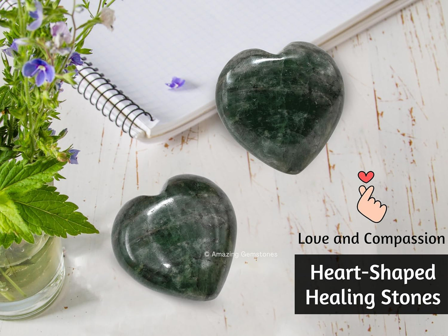 Chrome Diopside Crystal Heart Palm Stone - Pocket Massage Worry Stone for Natural Body Chakra Balancing, Reiki Healing and Crystal Grid
