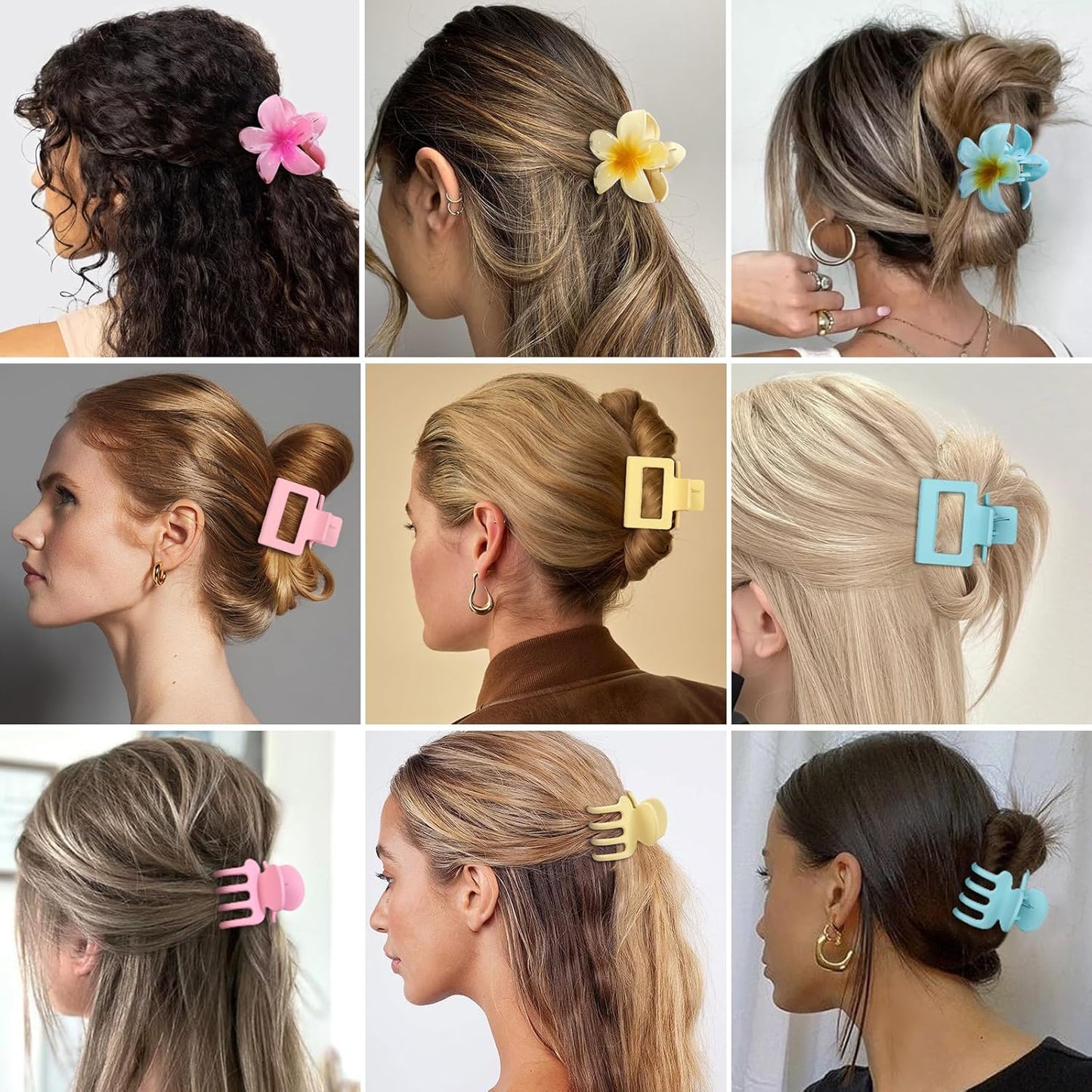 3 Styles Medium Hair Clips for Women 9 Pcs Small Claw Clips for Thin Hair Flower Hair Clips for Thick Hair Square Hair Claw Clips for Girls Hawaiian Plumeria Hair Accessories for Women (Pink)