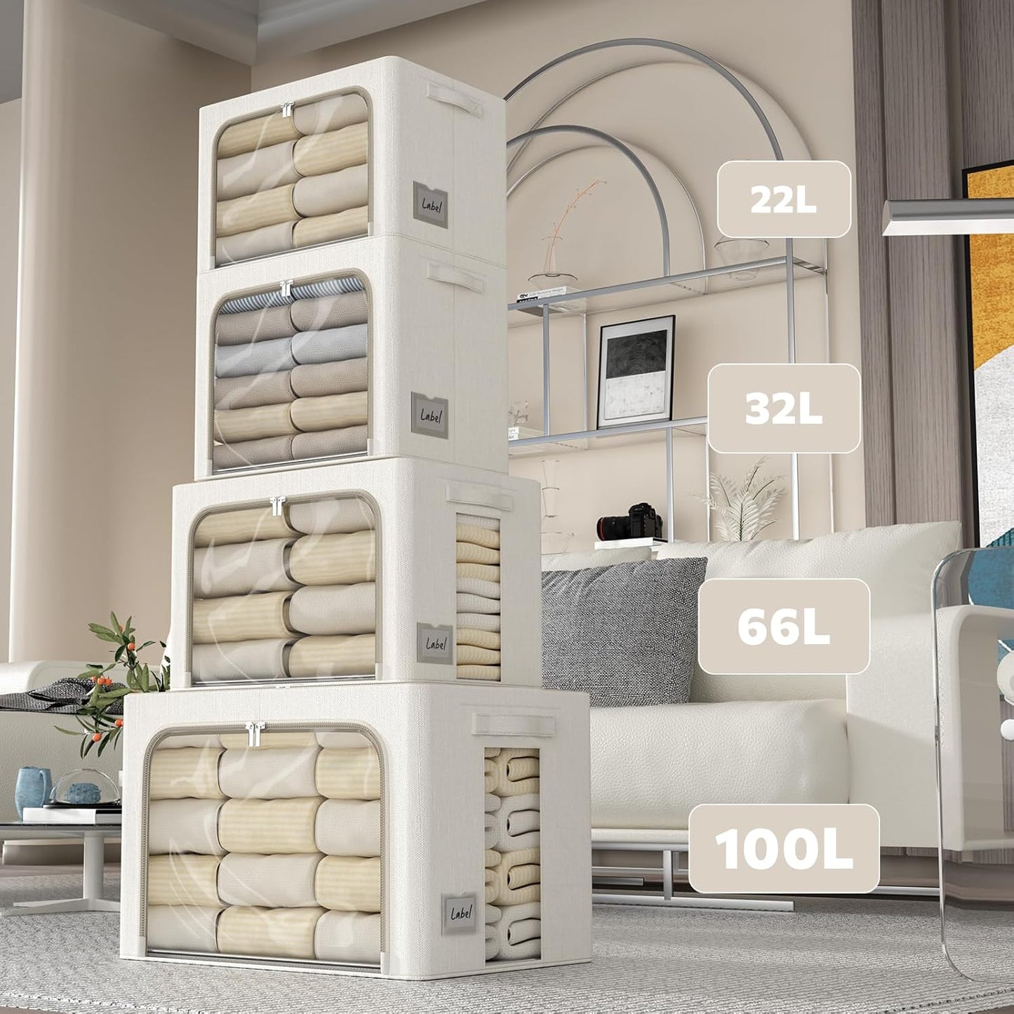 FHSQX 6 Pack Clothes Storage Bins with Metal Frame Foldable Storage Bins for Clothes Linen Fabric Storage Box with Clear Window (Lvory White, 15.7x11.8x11.8inch(36L))