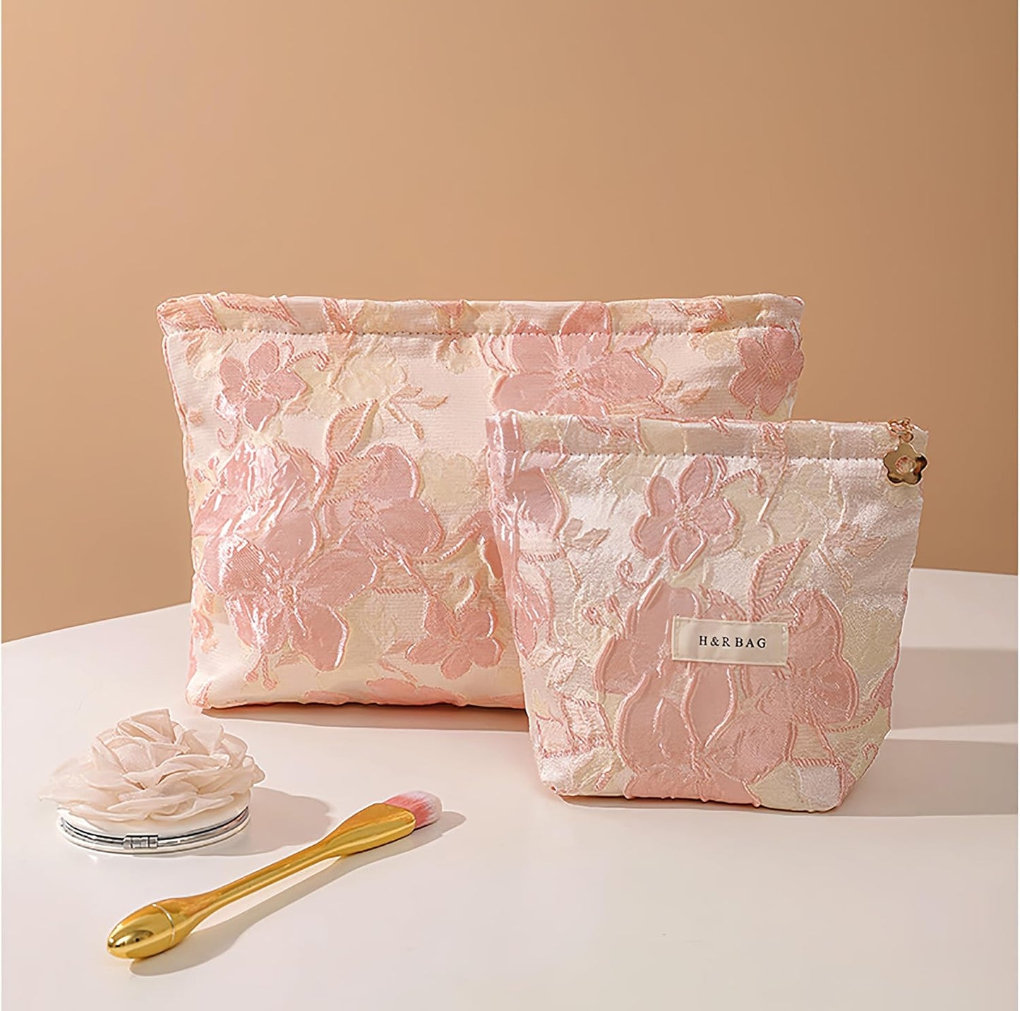 2 Pcs Makeup Bags, Large Cosmetic Bag Travel Toiletry Bag Organizer for Women, Embroidery Craft, Floral Makeup Bag Small Cosmetic Pouch Purse with Zipper Gifts for Girls Teen