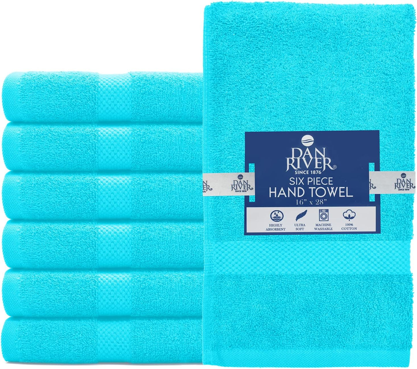 DAN RIVER 6-Pack Premium Hand Towels (16x28 Inches) - 100% Cotton, Ultra Soft, Lightweight, Highly Absorbent Towels for Bathroom, Spa, Gym, Salon, Hotel, and Travel - 550 GSM โ Turquoise