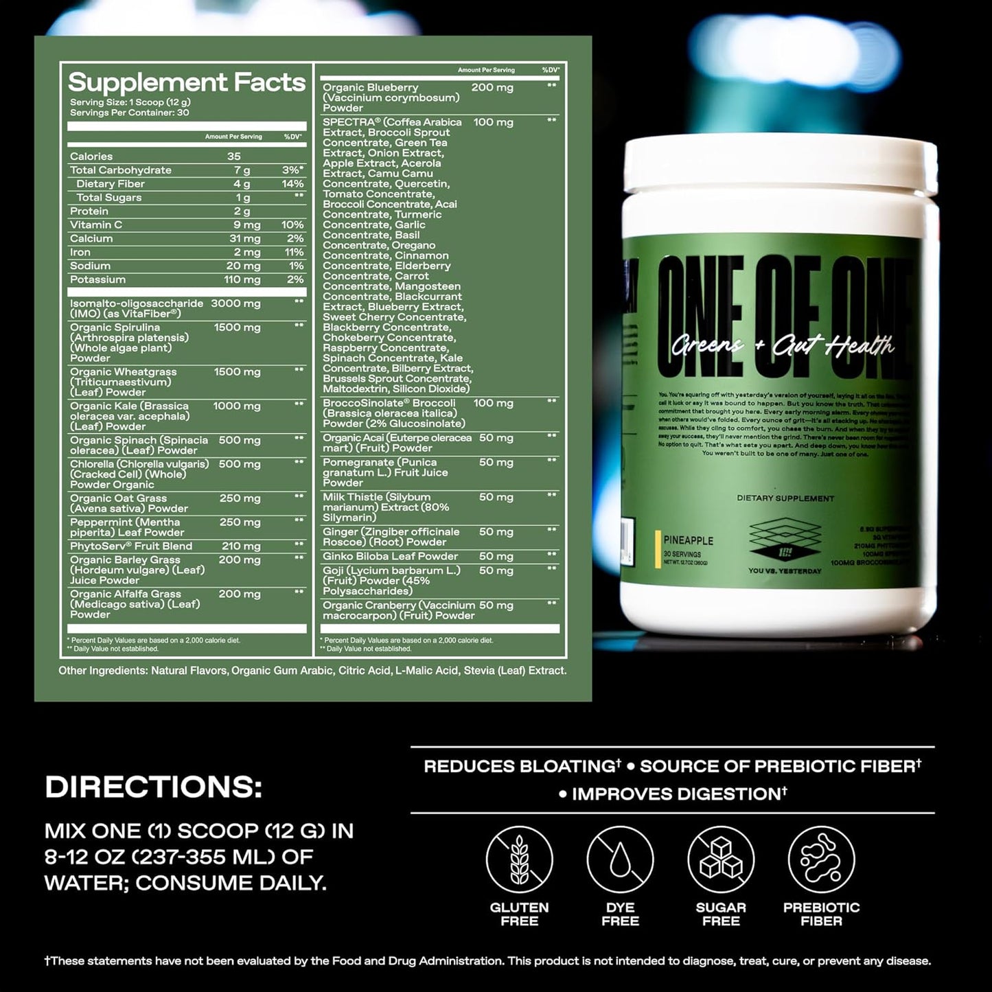 ONE of ONE Greens & Gut Health – Superfood Greens Powder with Prebiotics, Probiotics & Digestive Enzymes for Gut Health, Immunity & Energy, No Artificial Sweeteners - Pineapple, 30 Serving