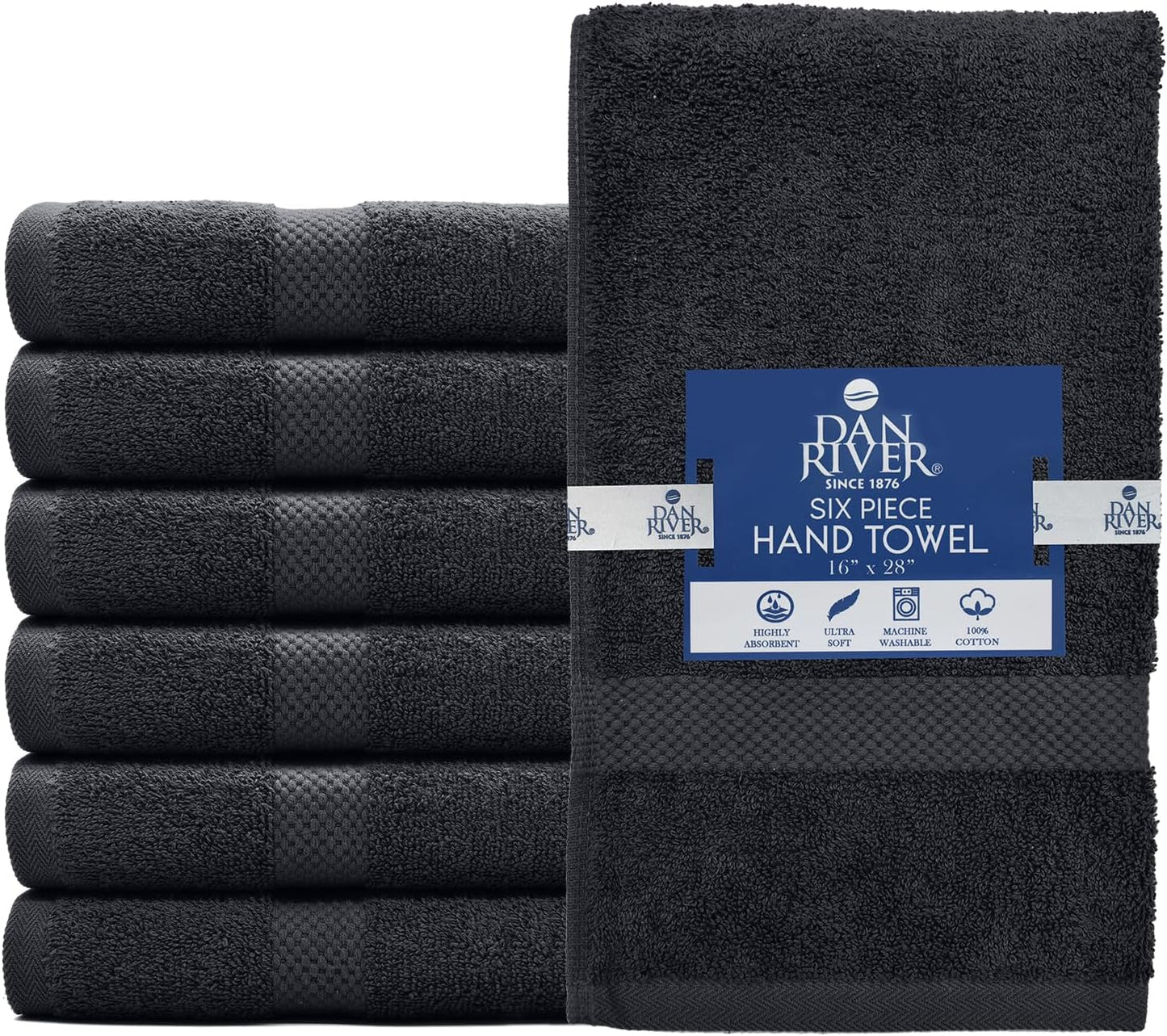 DAN RIVER 6-Pack Premium Hand Towels (16x28 Inches) - 100% Cotton, Ultra Soft, Lightweight, Highly Absorbent Towels for Bathroom, Spa, Gym, Salon, Hotel, and Travel - 550 GSM โ Dark Gray