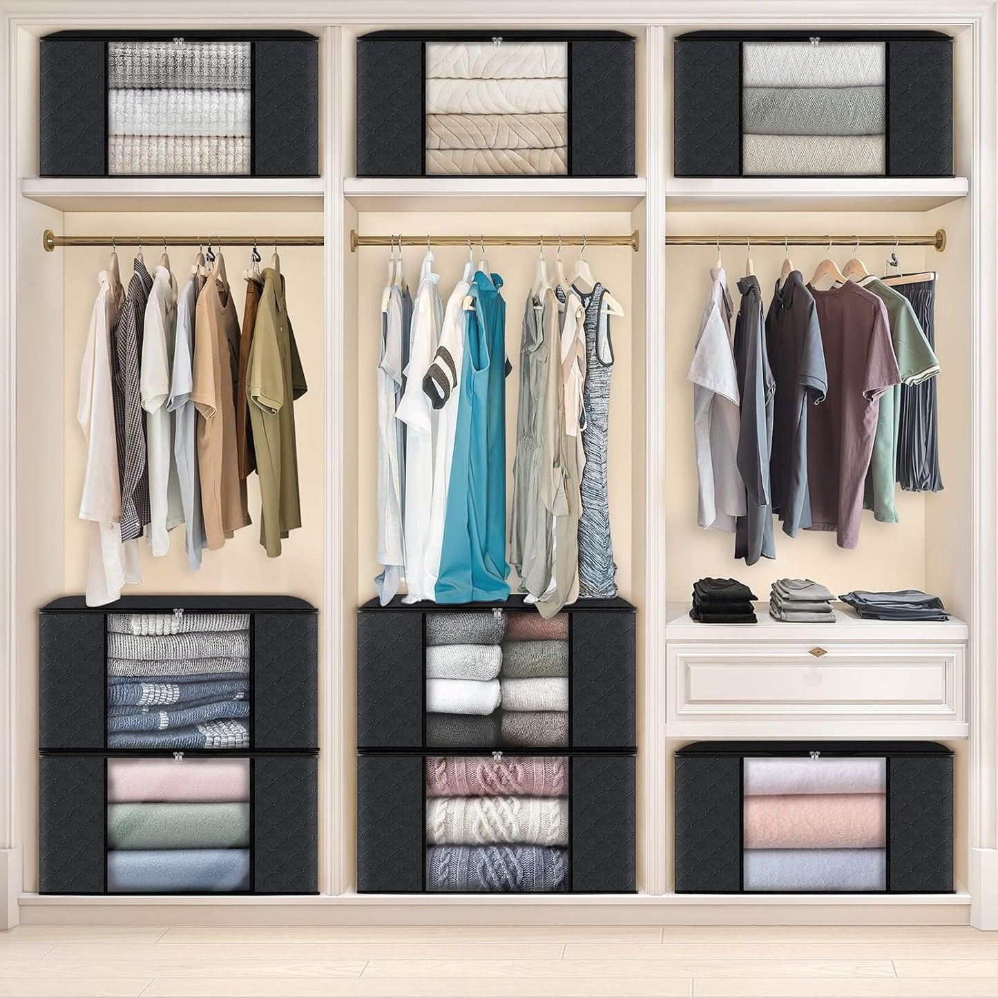 Fab totes 8 Pack Clothes Storage, Foldable Thick Fabric Blanket Storage Bags, Containers for Organizing Bedroom, Closet, Clothing, Comforter,Closet Organization with Handle,Black