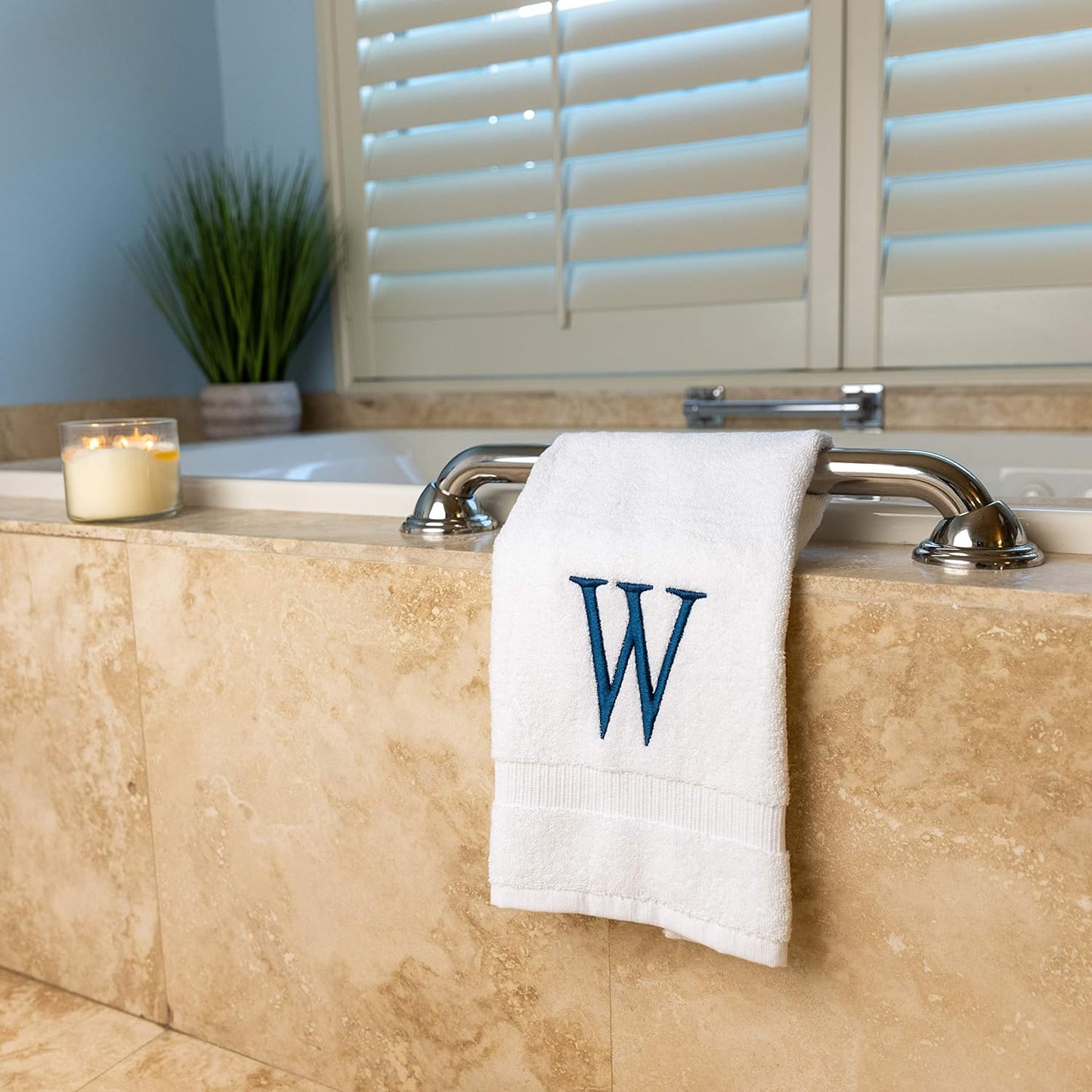 Monogrammed Hand Towels for Bathroom - Luxury Hotel Quality Personalized Initial Decorative Embroidered Bath Towel for Powder Room, Spa - GOTS Organic Certified - Set of 2 Navy Letter W