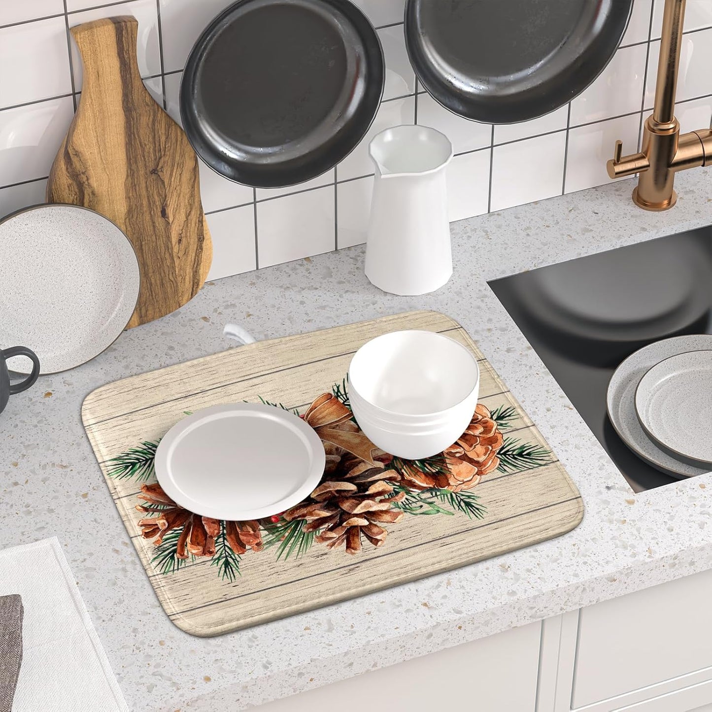 Winter Pine Cone Dish Drying Mat Holly Berries Dish Draining Mat Microfiber Washable Dish Drainer Rack Mat for Home Kitchen Counter 16"x18"