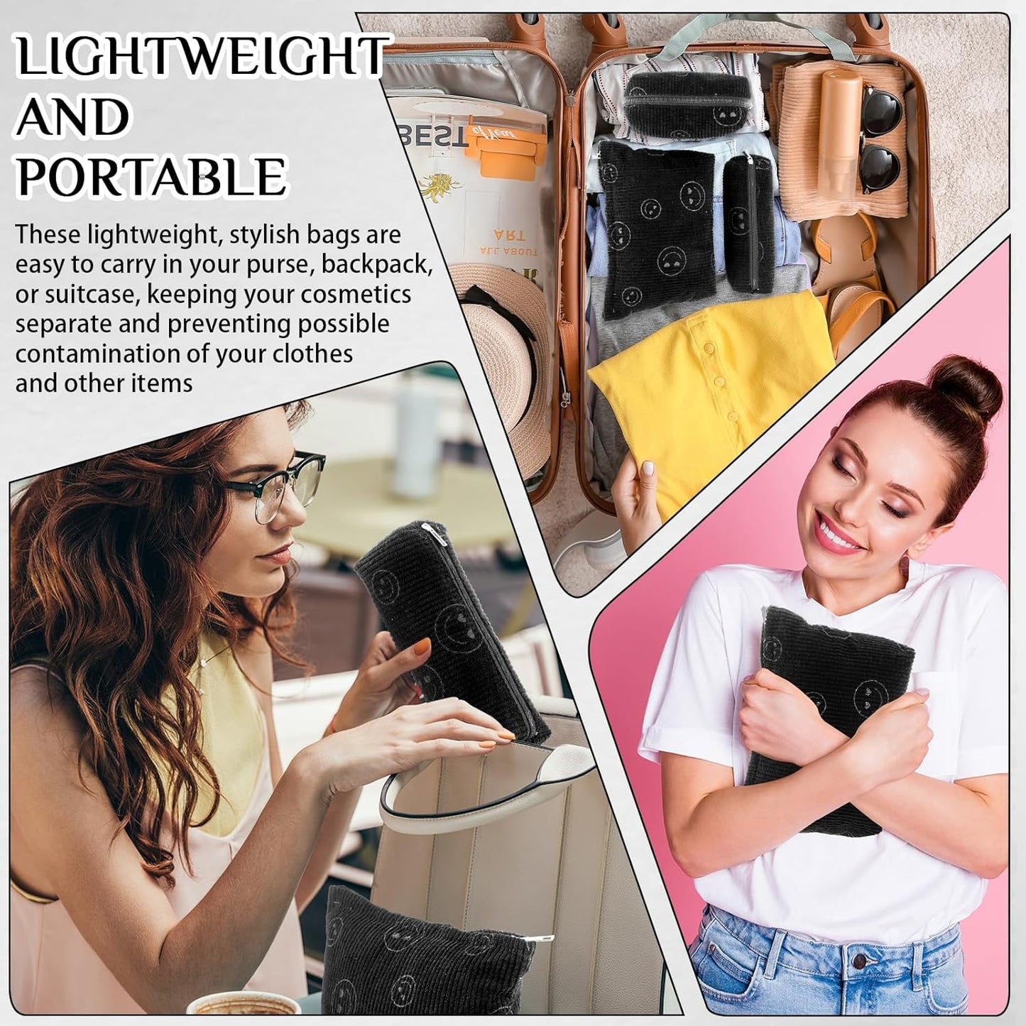 3 Pcs Makeup Bag Set for Women Corduroy Cosmetic Pouch Aesthetic Smile Travel Toiletry Bag Cute Purse Pouch Pencil Case Makeup Brushes Storage Organizer for Christmas(Black,Smile Face)