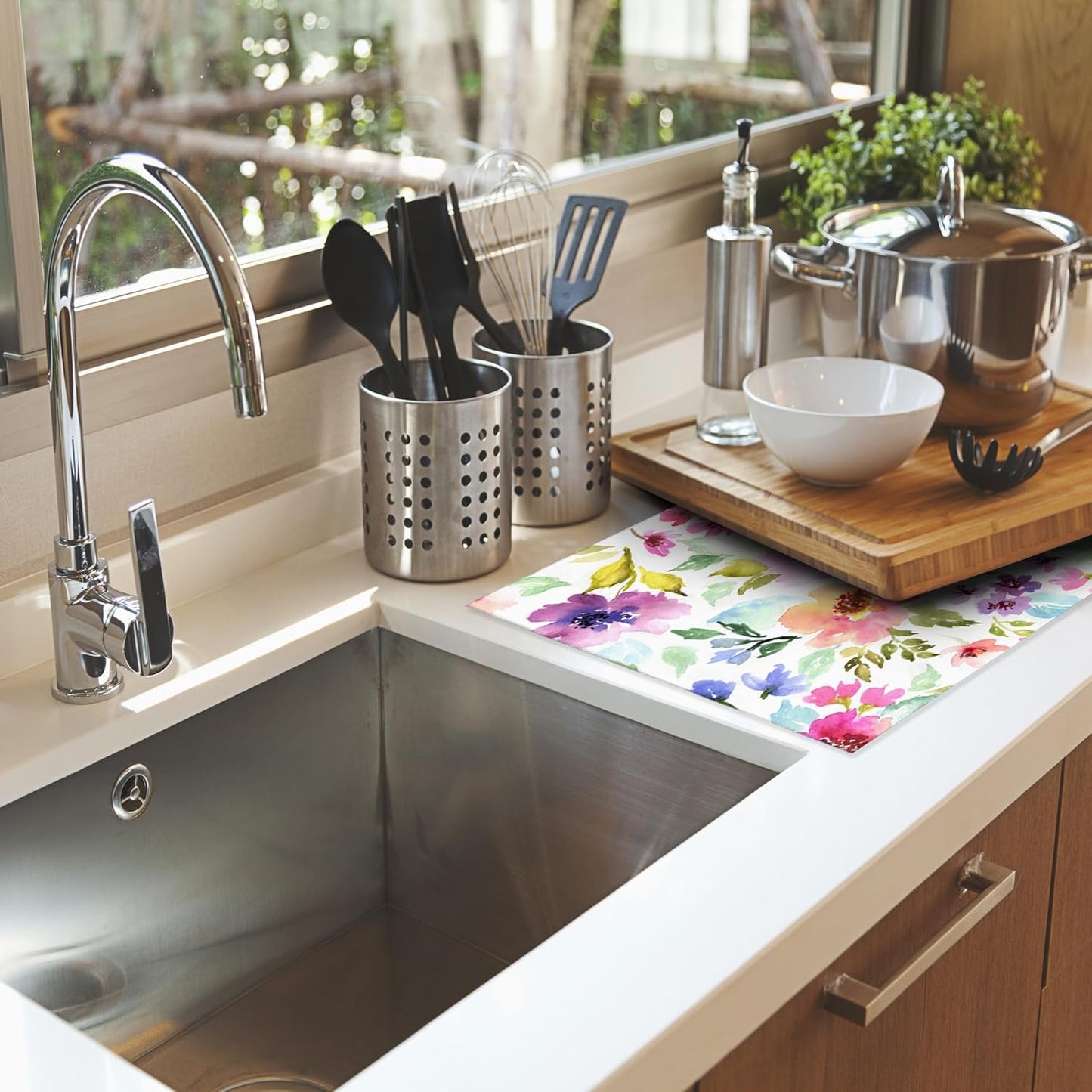 Purple Pink Dish Drying Mats 18x24 Inch,Watercolor Flowers Dish Pad Drying Rack Mat for Kitchen Counter Ultra Absorbent Microfiber Dishware Coffee Maker Bar Countertop Decor