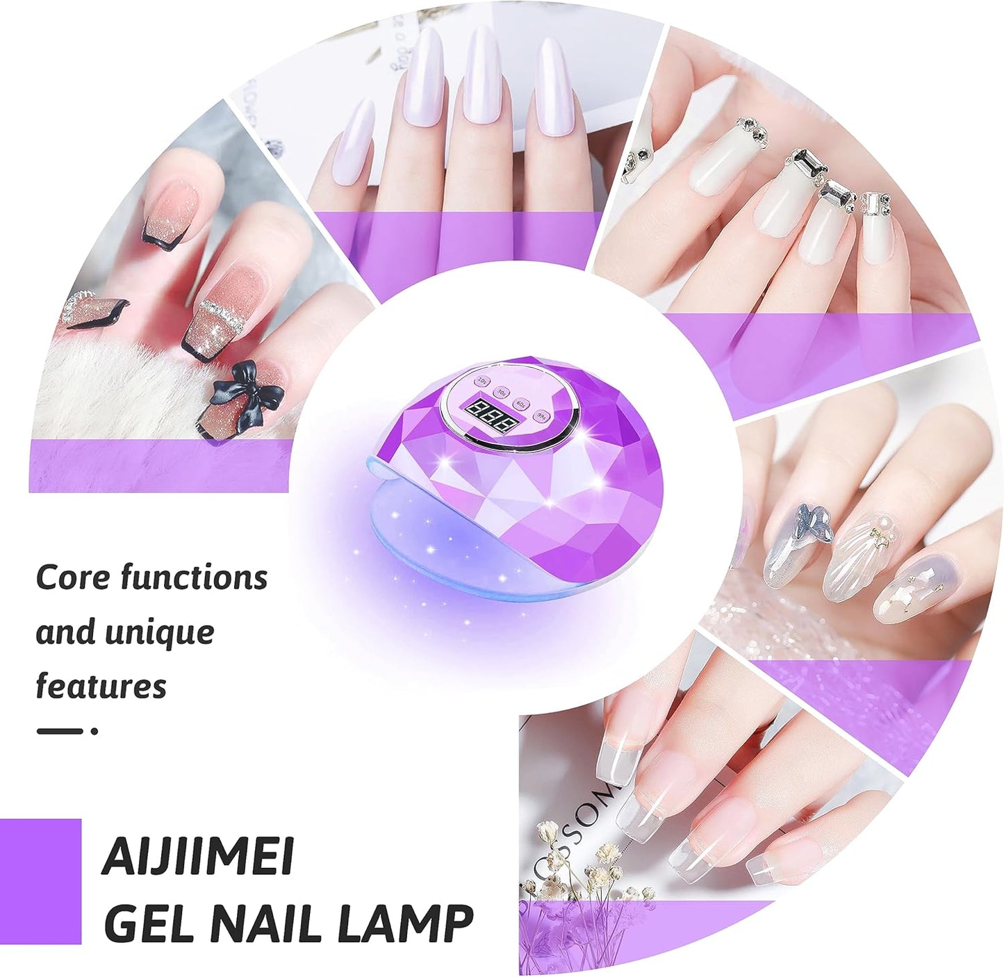 AIJIMEI Diamond Purple Nail Lamp Nail Dryer Nail Tools LED Gel Nail Lamp 86W Gel Nail Light Nail Polish Dryer for Professional and Beginner (Purple Diamond)