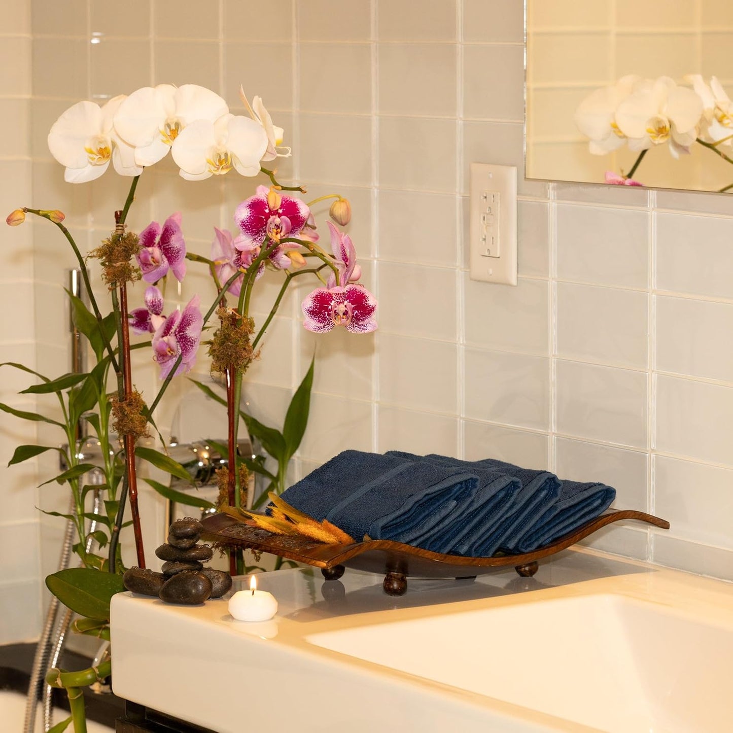 Mosobam Luxury Turkish Towels Set of 12 Washcloths 13X13 Navy Blue 700 GSM Bamboo Viscose & Aegean Turkish Combed Cotton