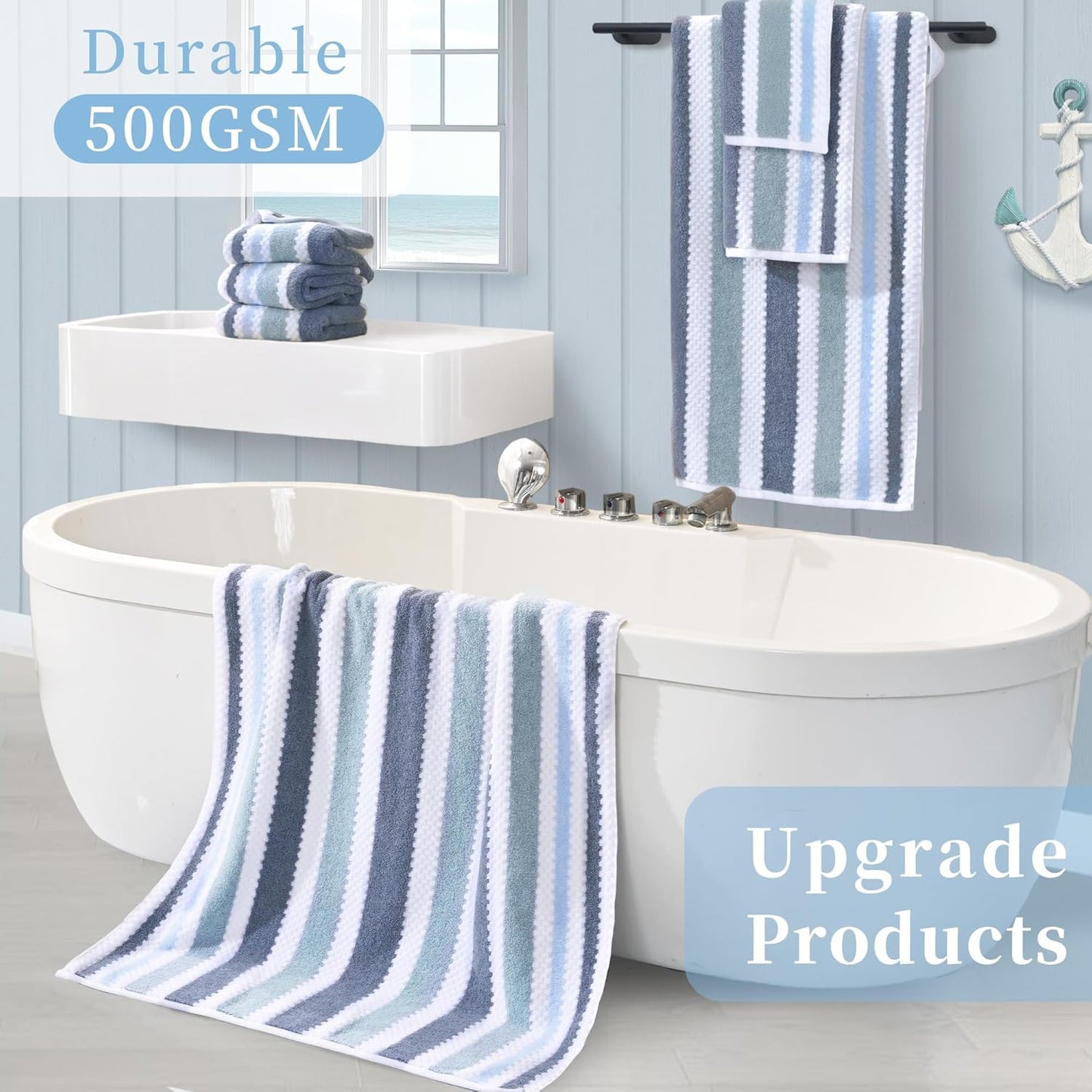 Waffle Towels for Bathroom - Quick Dry | Thick | Lightweight | 500GSM, 2 Large Bath 28"x52", 4 Hand 16"x27", Cotton Polyester Blend Towels, Shower Towel with Hanging Loops, Blue Gray Stripe and White