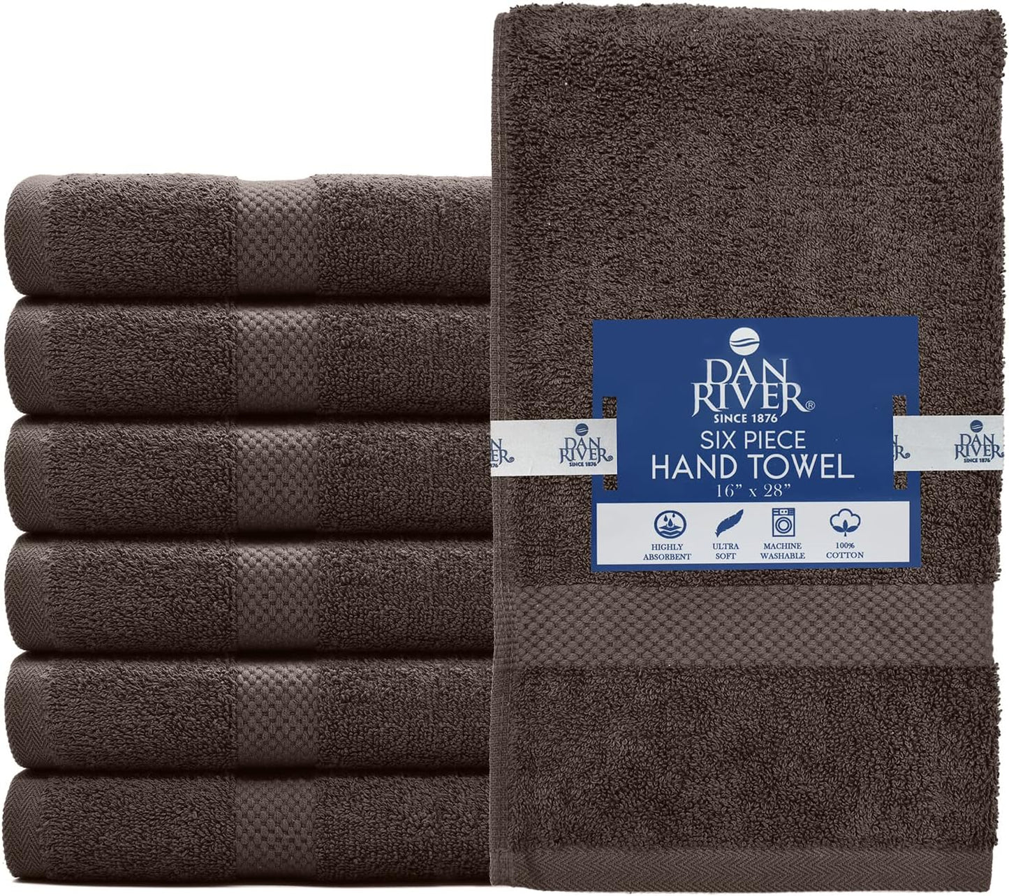 DAN RIVER 6-Pack Premium Hand Towels (16x28 Inches) - 100% Cotton, Ultra Soft, Lightweight, Highly Absorbent Towels for Bathroom, Spa, Gym, Salon, Hotel, and Travel - 550 GSM โ Brown