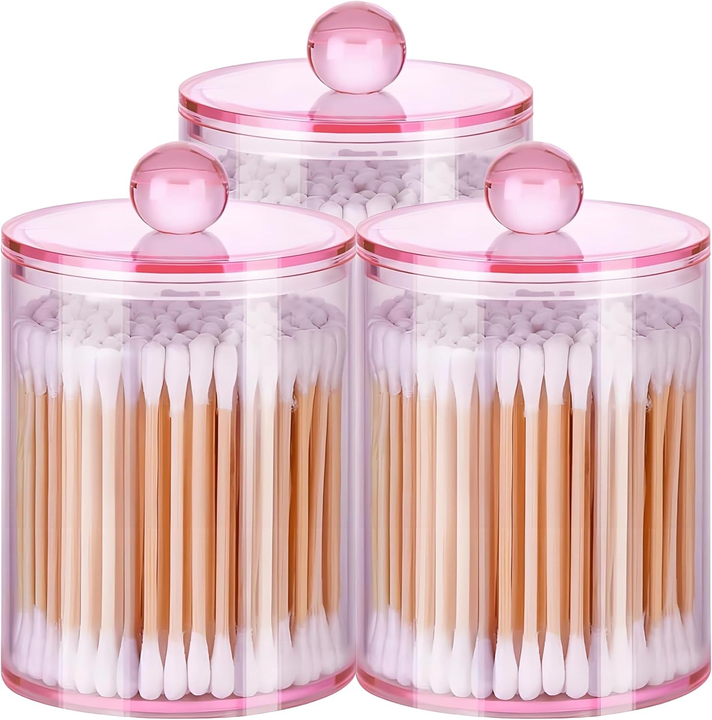AXX Qtip Dispenser Apothecary Jars Bathroom - Qtip Holder Storage Canister Clear Plastic Jar for Cotton Swab,Q-Tips,Cotton Rounds (Pink 3Pcs)