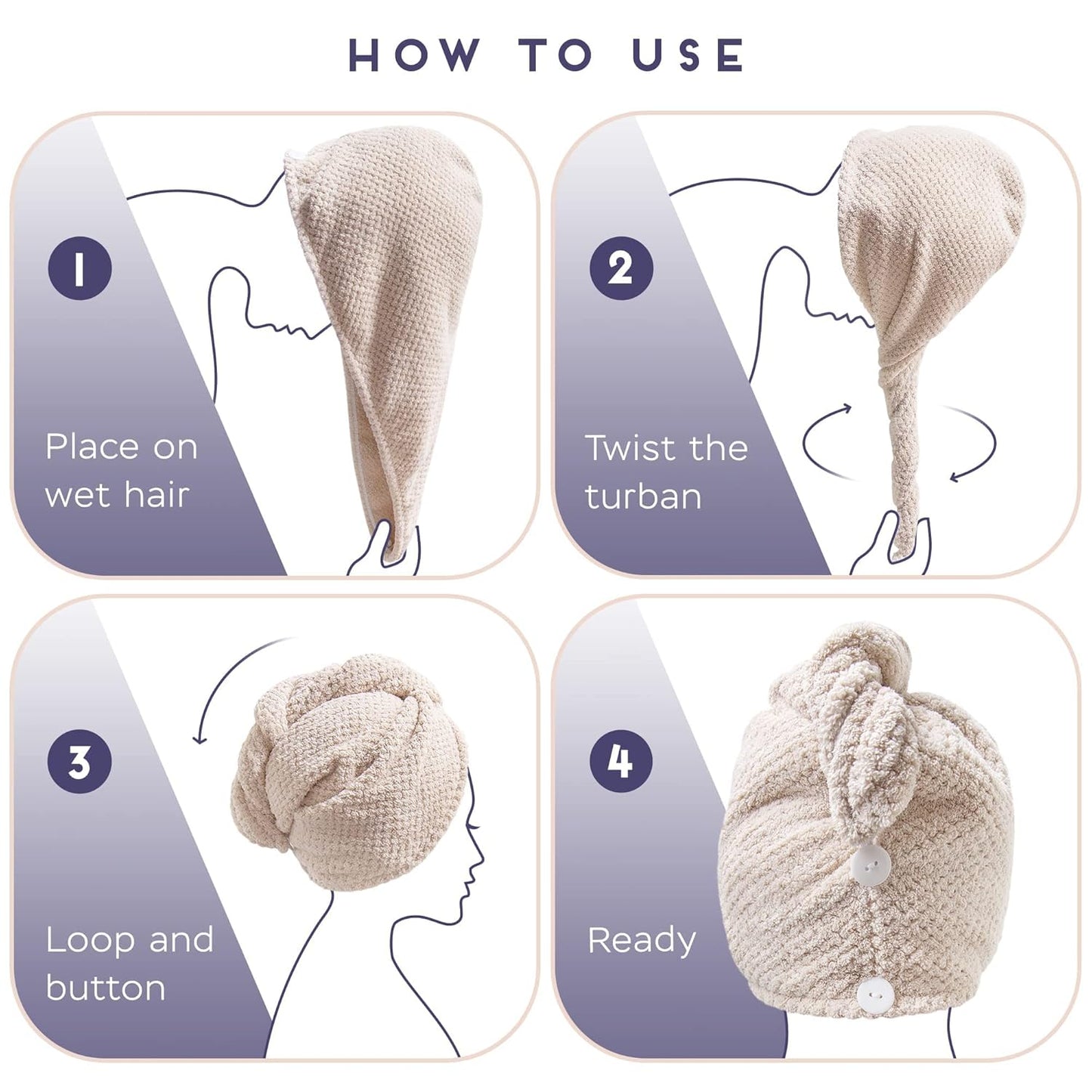 2 Pack Microfiber Hair Towel Wrap for Women, Anti Frizz Quick Drying Hair Turban for All Hair Style, Absorbent and Lightweight (Beige)