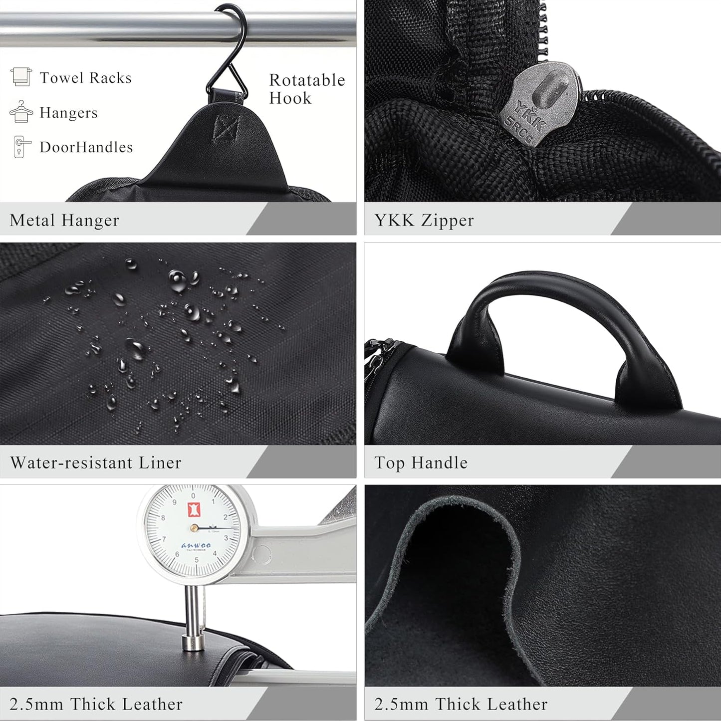 Masa Kawa Leather Hanging Travel Toiletry Bag for Men Portable Expandable Camping Cosmetics Makeup Toiletries Organizer Waterproof Bathroom Shaving Kit Black Wash Bags