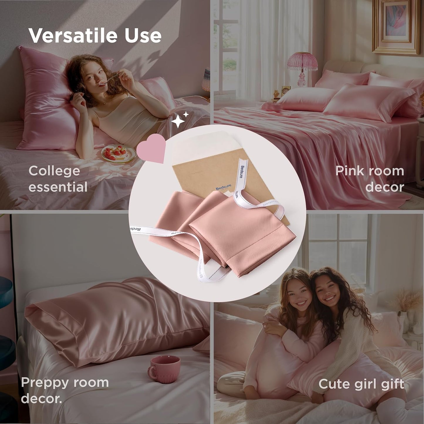 Bedsure Satin Pillowcase for Hair and Skin Queen, Similar to Silk Pillow Cases, Pillow Cases Set of 2 with Envelope Closure, College Dorm Room Decor,Rose Cloud, 20x30 Inches, 2pcs