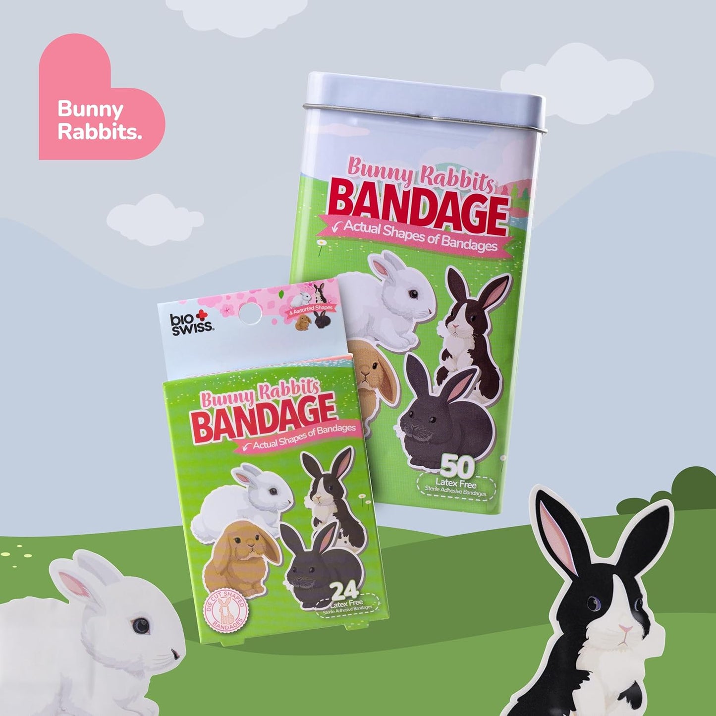 BioSwiss Kids Bandages, Bunny Rabbits Shaped Self Adhesive Bandage Set, Latex Free, Sterile Wound Care, 50 Count