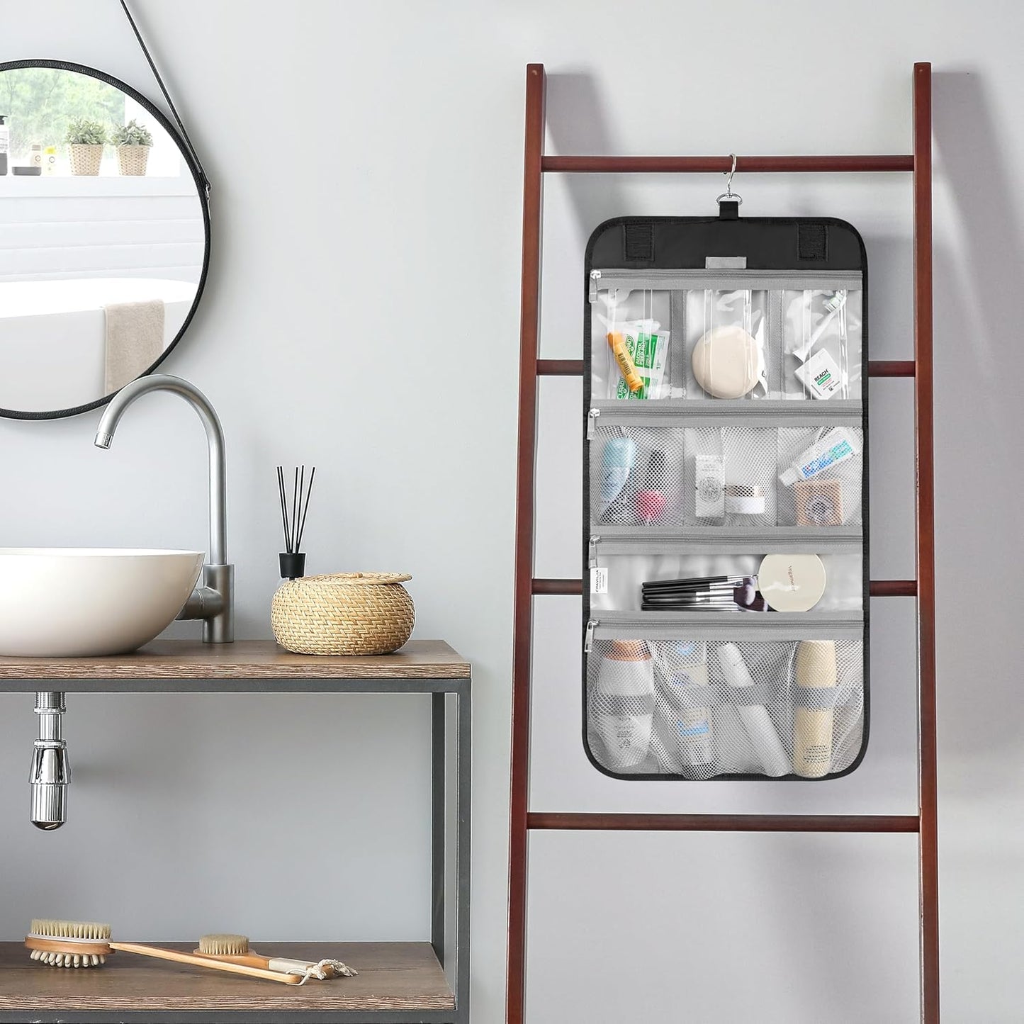 PAVILIA Hanging Toiletry Bag Women Men, Travel Kit Foldable Large Toiletries Organizer, Roll up Cosmetics Makeup Bag Accessories, Waterproof Essentials Jewelry Case (Black)