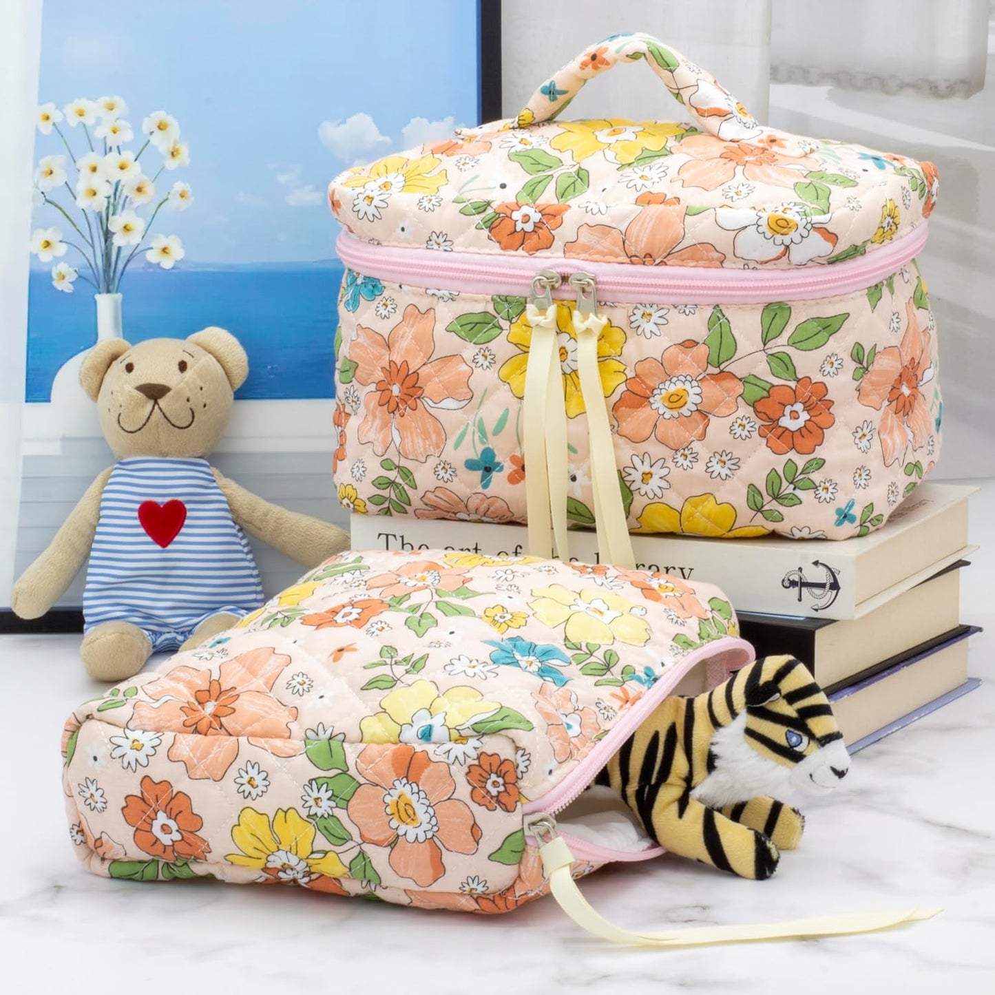 PAZIMIIK Quilted Makeup Bag Large Travel Zipper Soft Cosmetic Pouch for Women Girls Make Up,Floral Orange