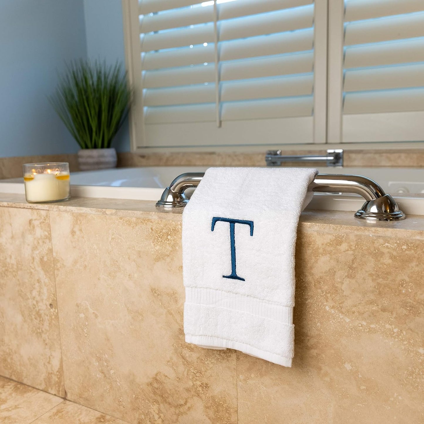 Monogrammed Hand Towels for Bathroom - Luxury Hotel Quality Personalized Initial Decorative Embroidered Bath Towel for Powder Room, Spa - GOTS Organic Certified - Set of 2 Navy Letter T