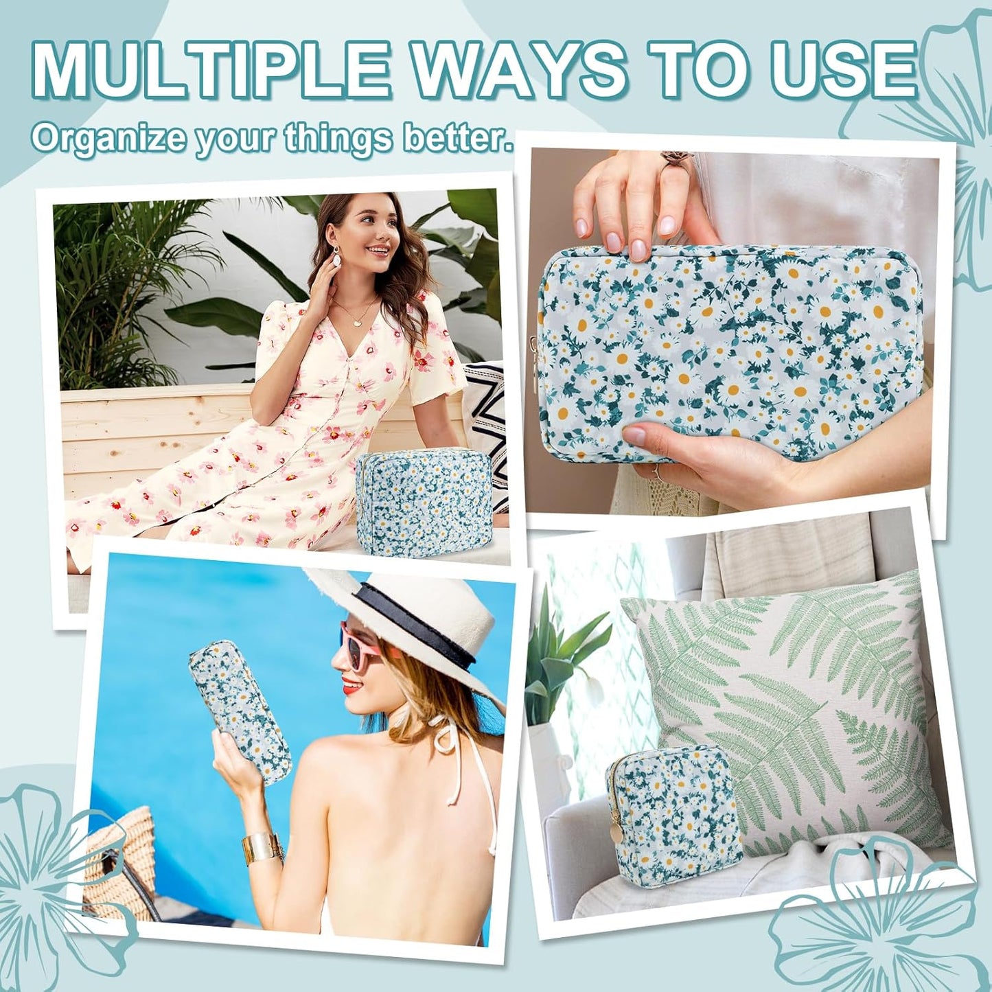 Waterproof Mini Floral Makeup Bag Pouch for Purse,Nylon Flower Cosmetic Travel Bag Small Preppy Toiletry Organizers Bag for Women Girl,Cute Zipper Pouch Coin Purse for Work(Mini Green-Daisy)