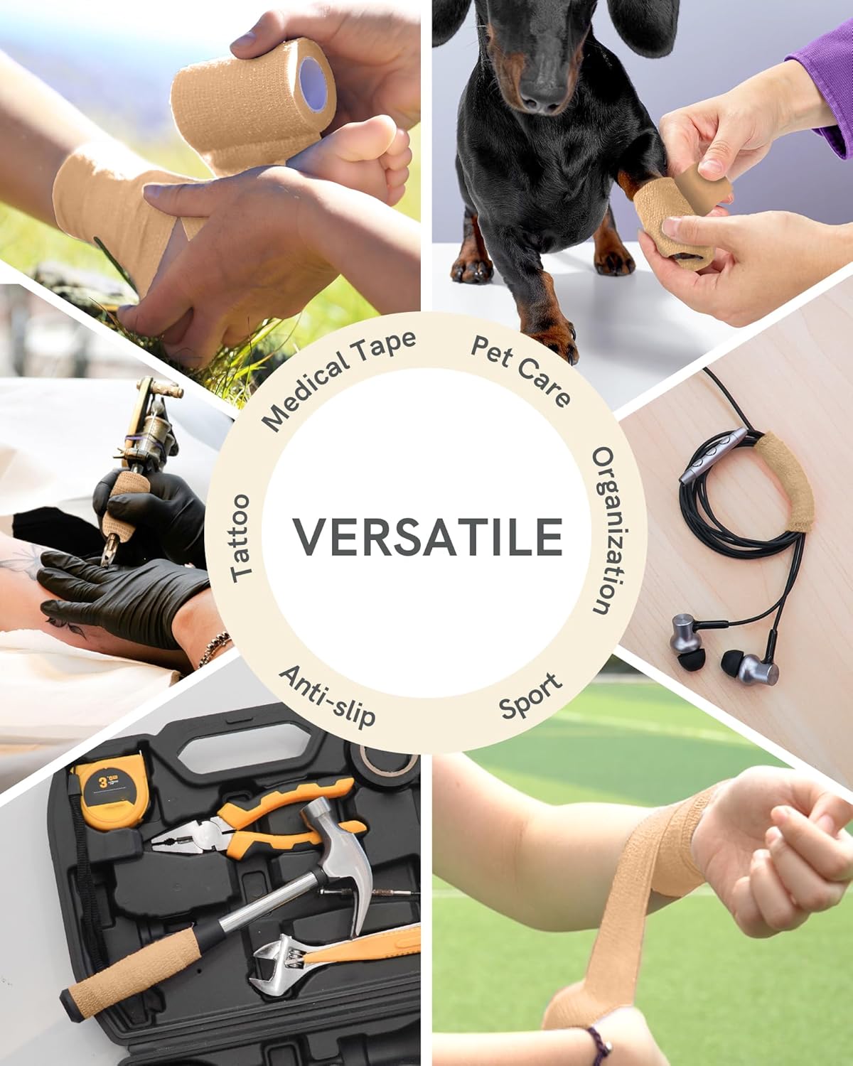 FriCARE Self Adhesive Bandage Wrap, Medical Tape in First Aid Kit, Cohesive Bandages for Wounds Sport Vet, FSA/HSA Eligible, 2 Inches X 5 Yards 6 Rolls, Tan