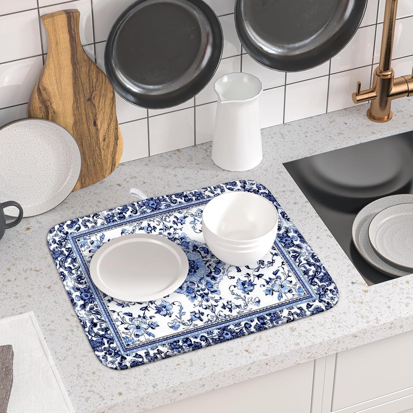 Boho Floral Dish Drying Mat 16x18 Inch Blue Leaves Kitchen Drying Pad Reversible Absorbent Dish Drainer Rack Mats Counter Tableware Decor