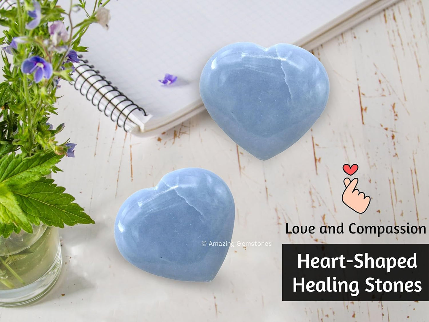 Amazing Gemstone Angelite Crystal Heart Palm Stone - Pocket Massage Worry Stone for Natural Body Chakra Balancing, Reiki Healing and Crystal Grid