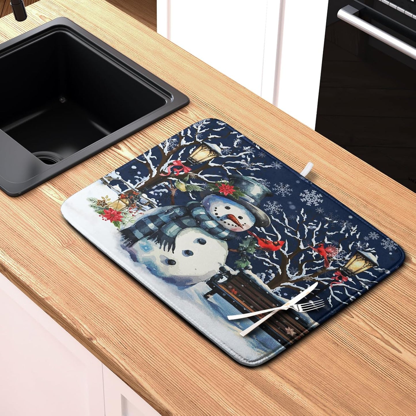 Winter Snowman Dish Drying Mat for Kitchen Counter 18x24, Xmas Snowflakes Dish Drainer Mat Snowy Night Drying Kitchen Mats Cardinal Birld Dish Pad Absorbent Reversible Coffee Mats for Dishes