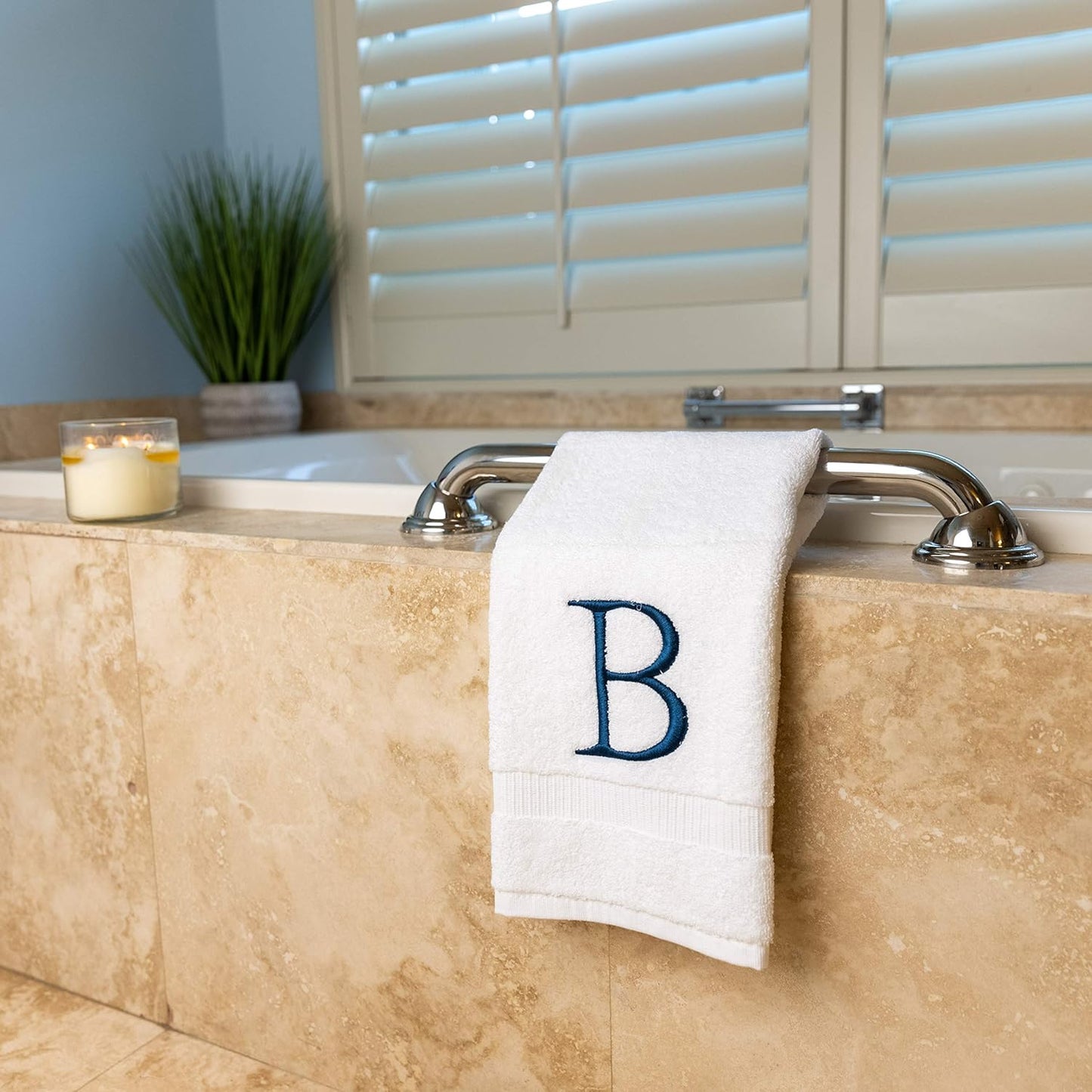 Monogrammed Hand Towels for Bathroom - Luxury Hotel Quality Personalized Initial Decorative Embroidered Bath Towel for Powder Room, Spa - GOTS Organic Certified - Set of 2 Navy Letter B