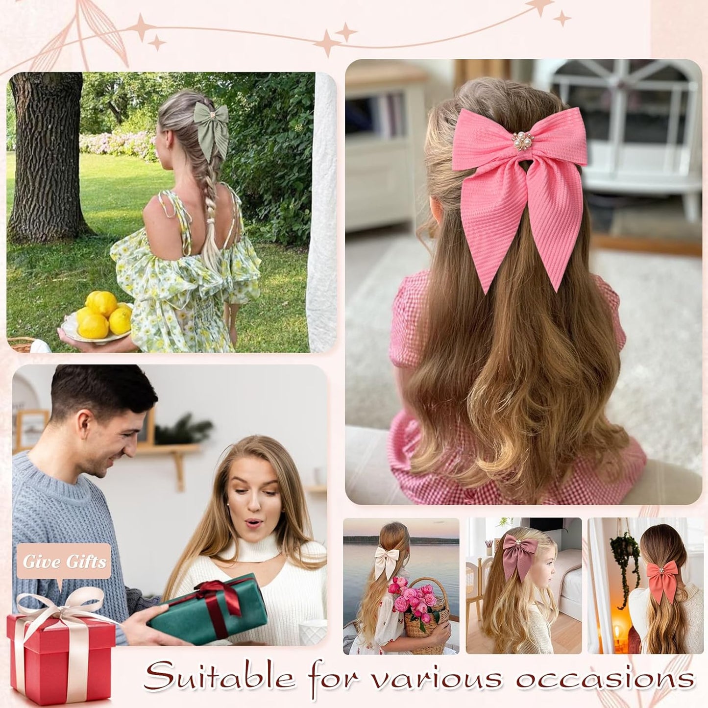 6PCS Hair Bow for Women, Pearl Bow Hair Clips for Girls, Cute Silky Satin Hair Bow Clips, Pink Bow Clip Long Tail, Bows Accessories for Gift